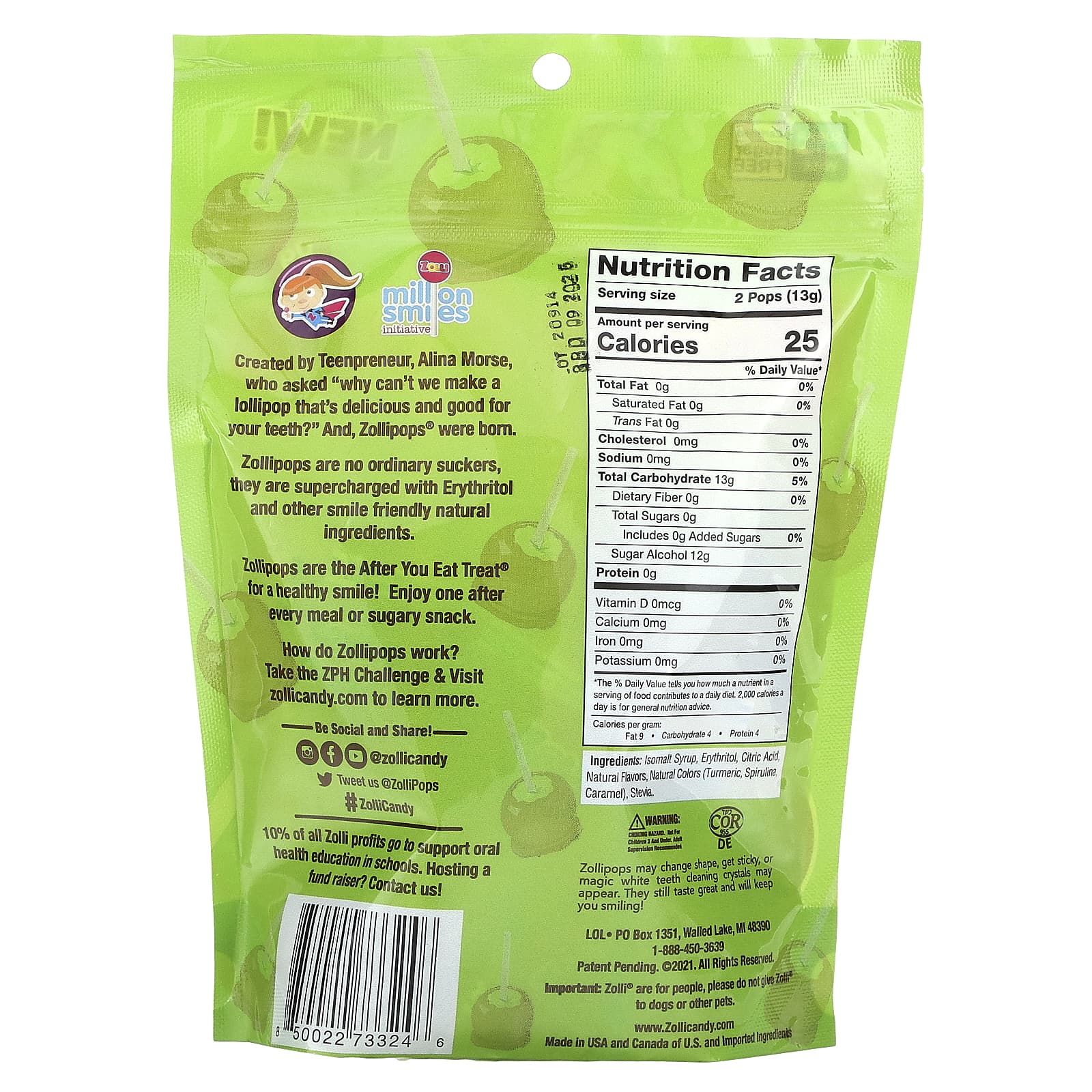 Zollipops, The Clean Teeth Pops, Caramel Green Apple, Approx. 23-25 Pops, 5.2 oz