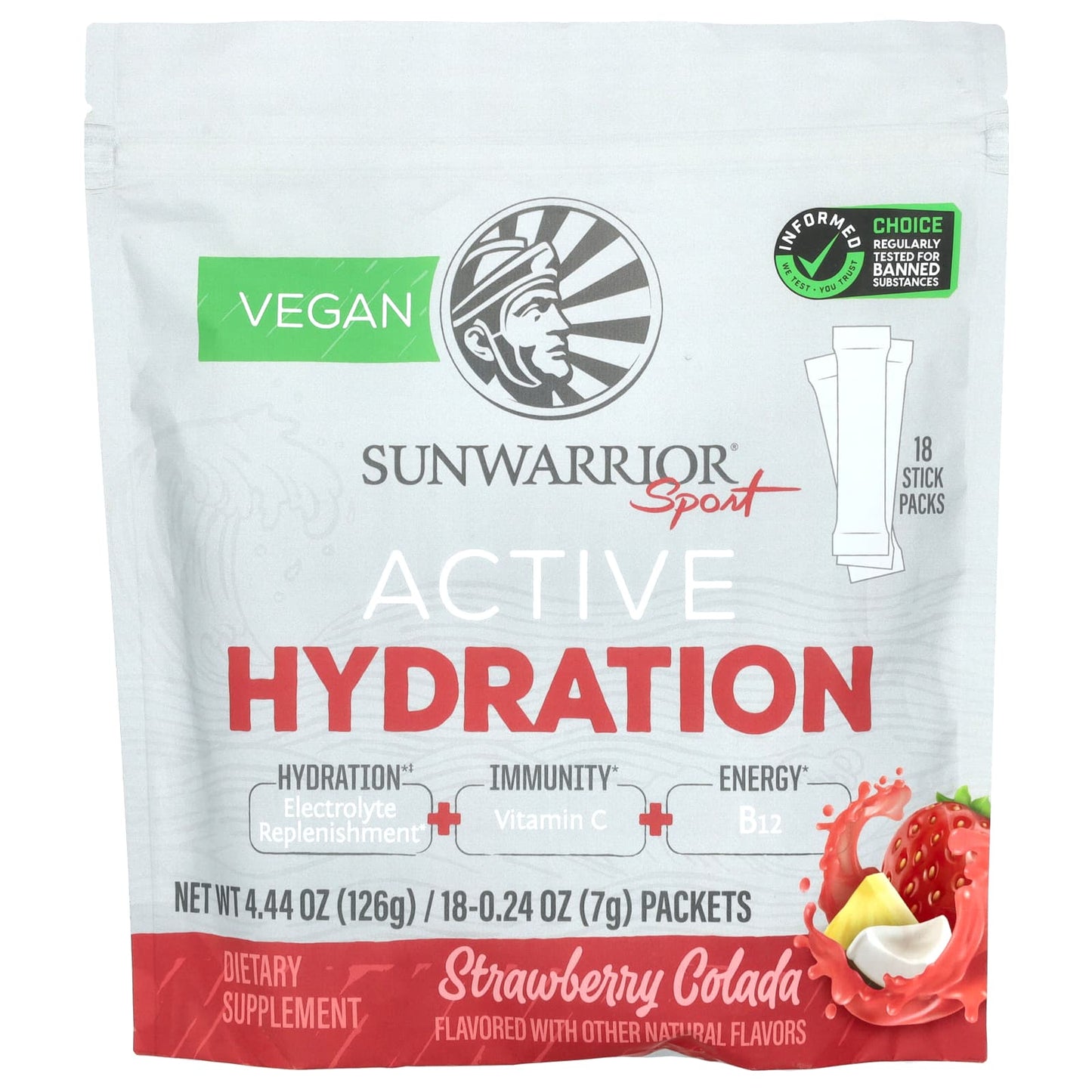 Sunwarrior, Sport, Active Hydration, Strawberry Colada, 18 Packets, 0.24 oz (7 g) Each - Image 1