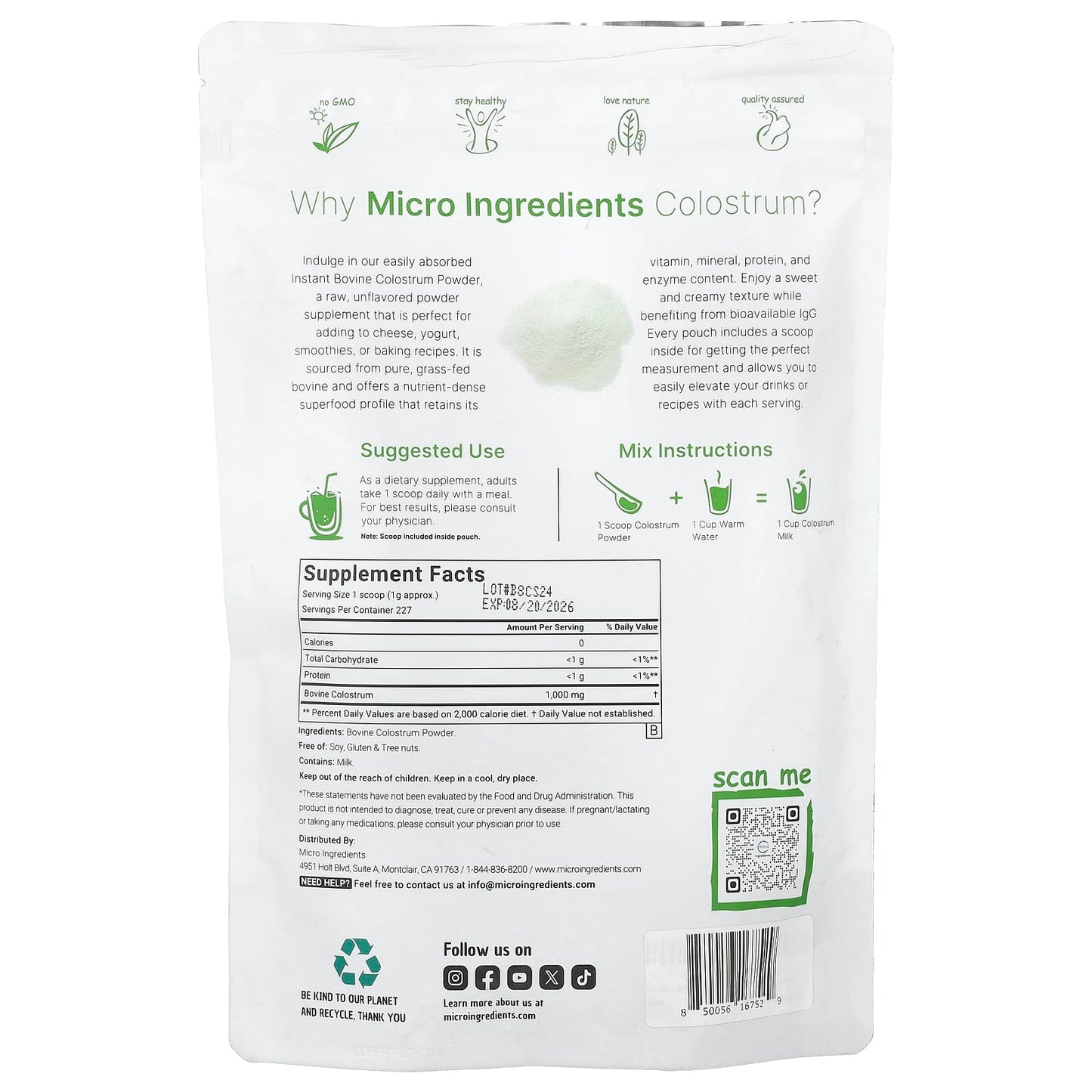Micro Ingredients, Instant Bovine Colostrum, Unflavored, 8 oz (227 g) - Image 2