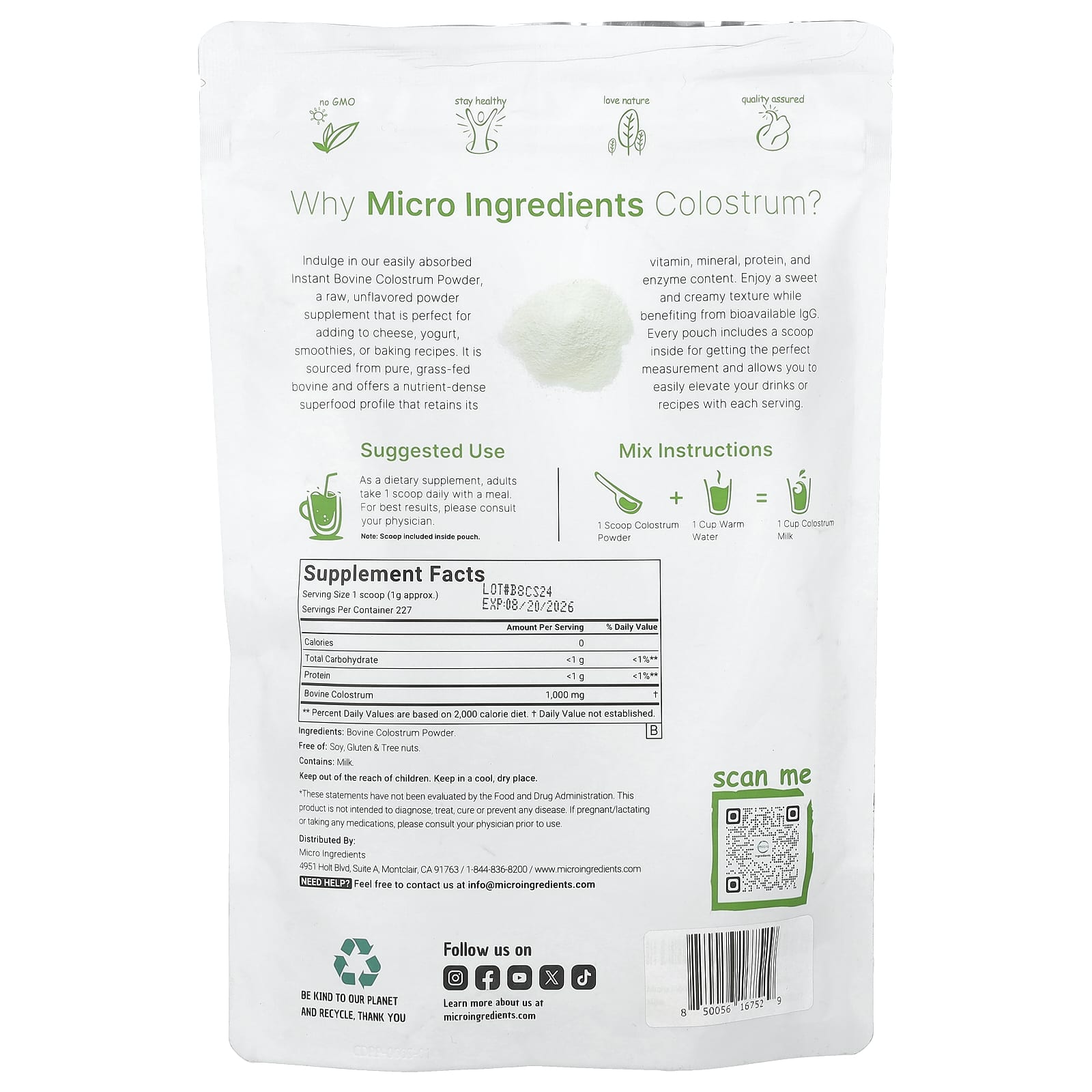 Micro Ingredients, Instant Bovine Colostrum, Unflavored, 8 oz (227 g) - Image 2
