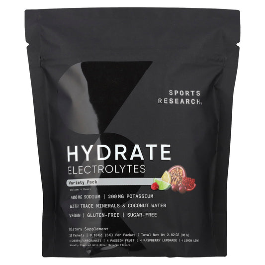 Sports Research, Hydrate Electrolytes, Variety Pack, 16 Packets, 0.18 oz (5 g) Each - Image 1
