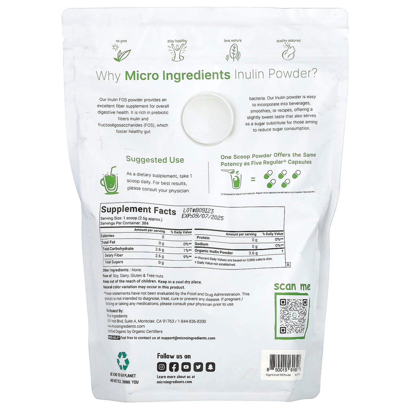 Micro Ingredients, Organic Inulin Powder, Unflavored, 2.2 lb (998 g) - Image 2
