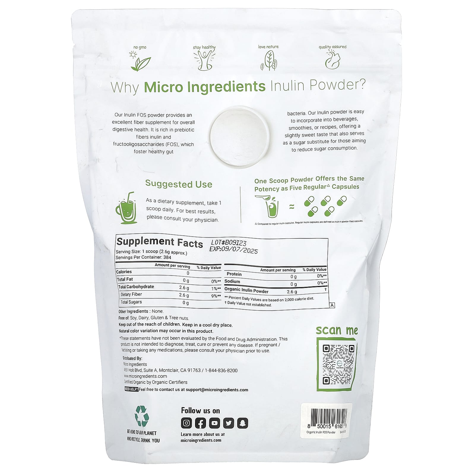 Micro Ingredients, Organic Inulin Powder, Unflavored, 2.2 lb (998 g) - Image 2