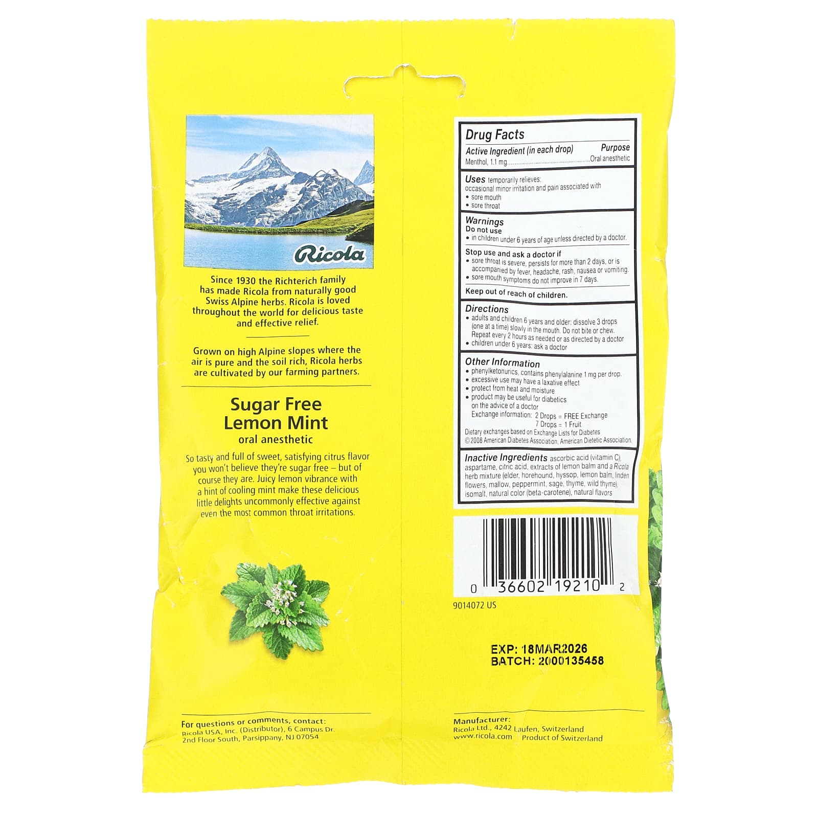 Ricola, Oral Anesthetic, Sugar Free, Lemon Mint, 1.1 mg, 19 Wrapped Drops - Image 2