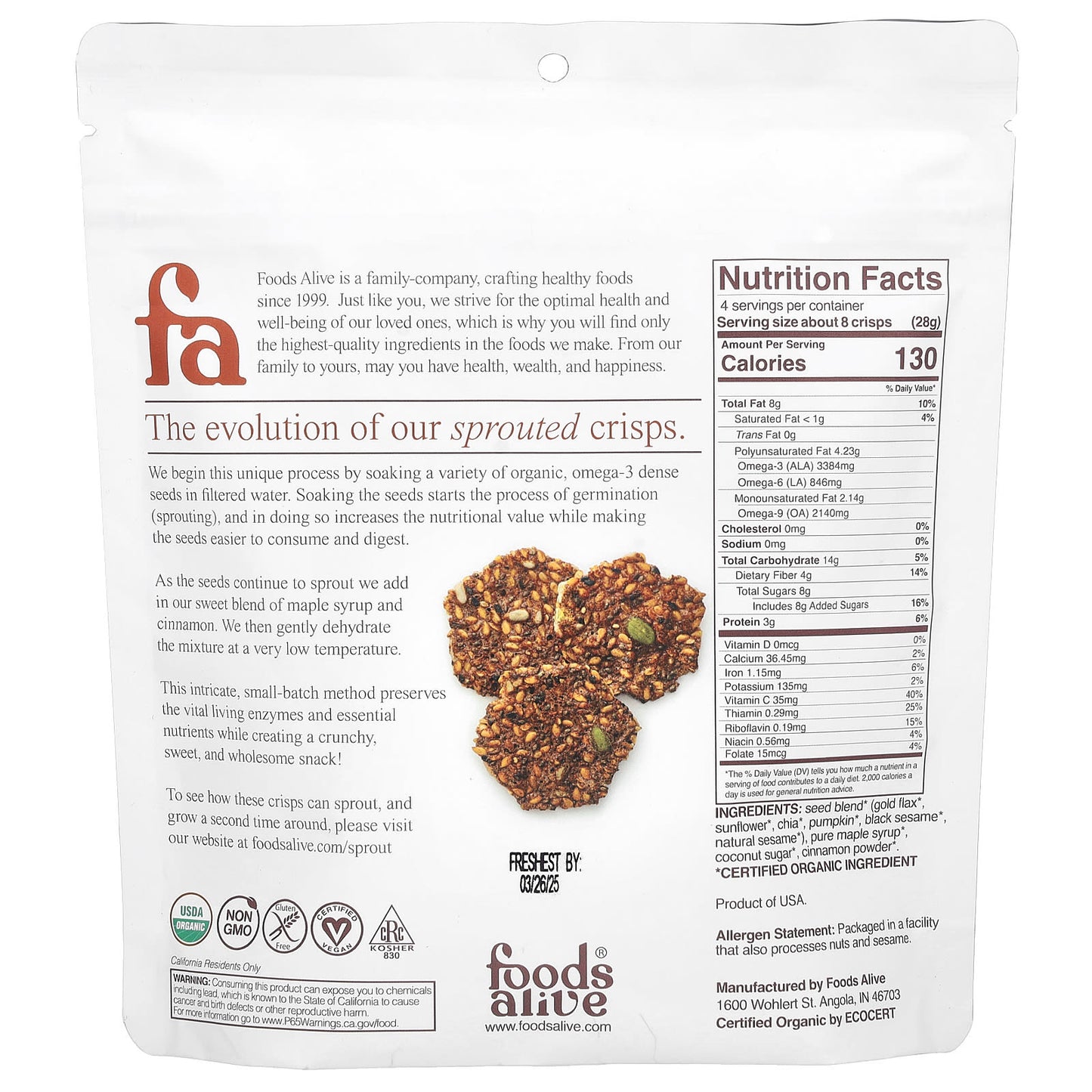 USDA Organic Sprouted Crisps with Maple & Cinnamon by Foods Alive - Image 2
