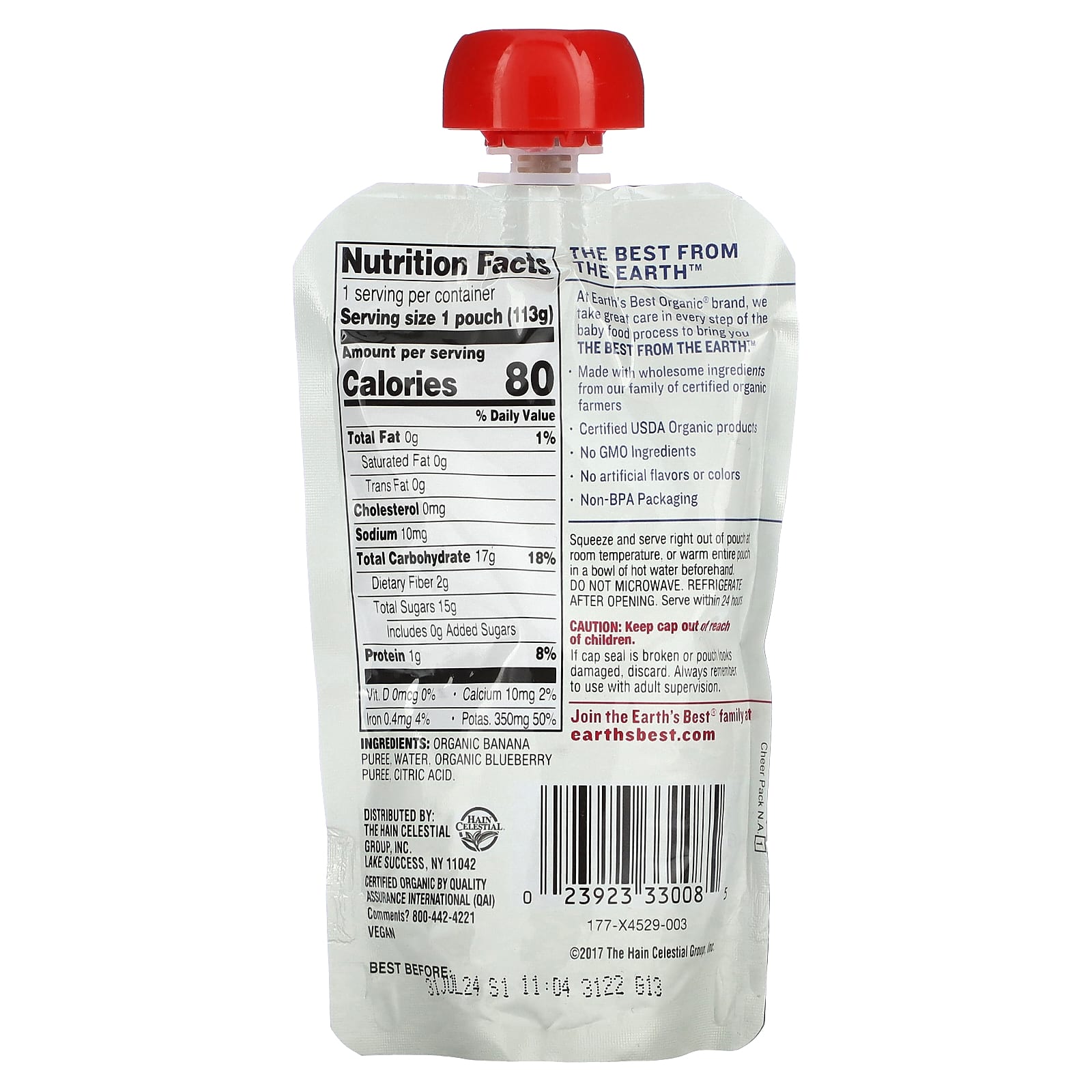 Organic Baby Food Puree, 6+ Months, Banana Blueberry, 4 oz (113g) - Earth's Best - Image 2