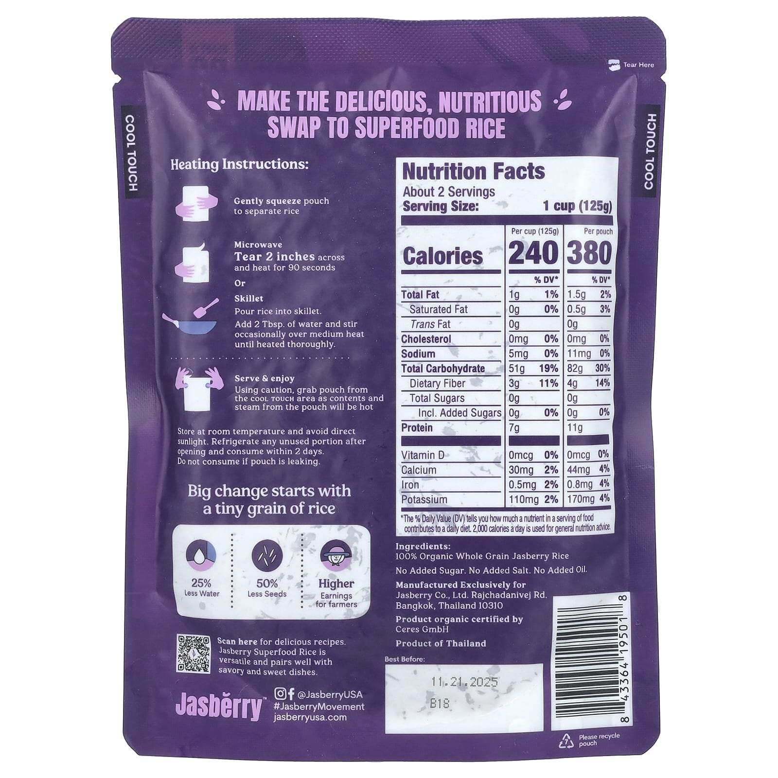 Jasberry Organic Superfood Rice, USDA Organic, 7.05 oz (200g) - Image 2