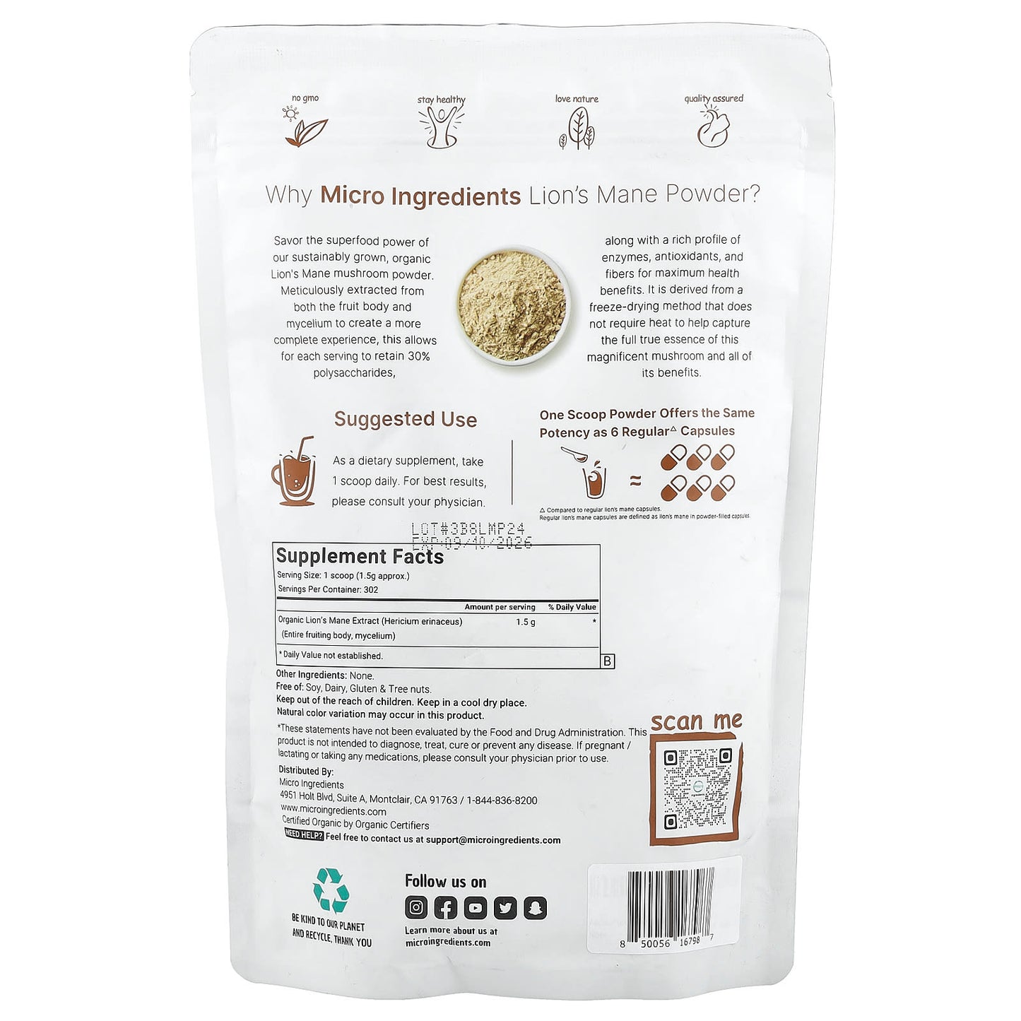 Micro Ingredients, Organic Lion's Mane Powder, 1 lb (454 g) - Image 2
