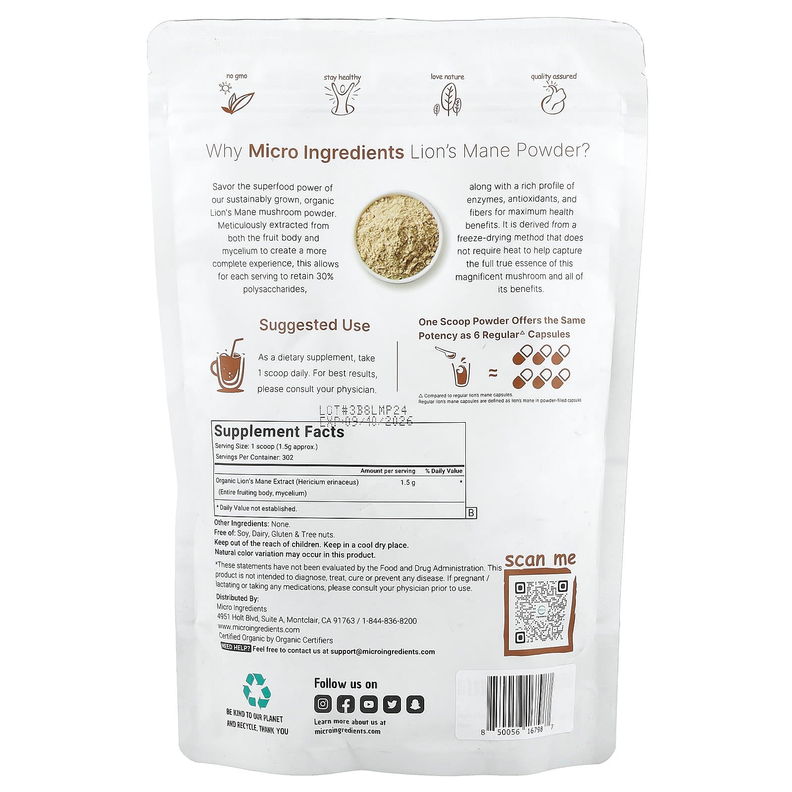 Micro Ingredients, Organic Lion's Mane Powder, 1 lb (454 g) - Image 2
