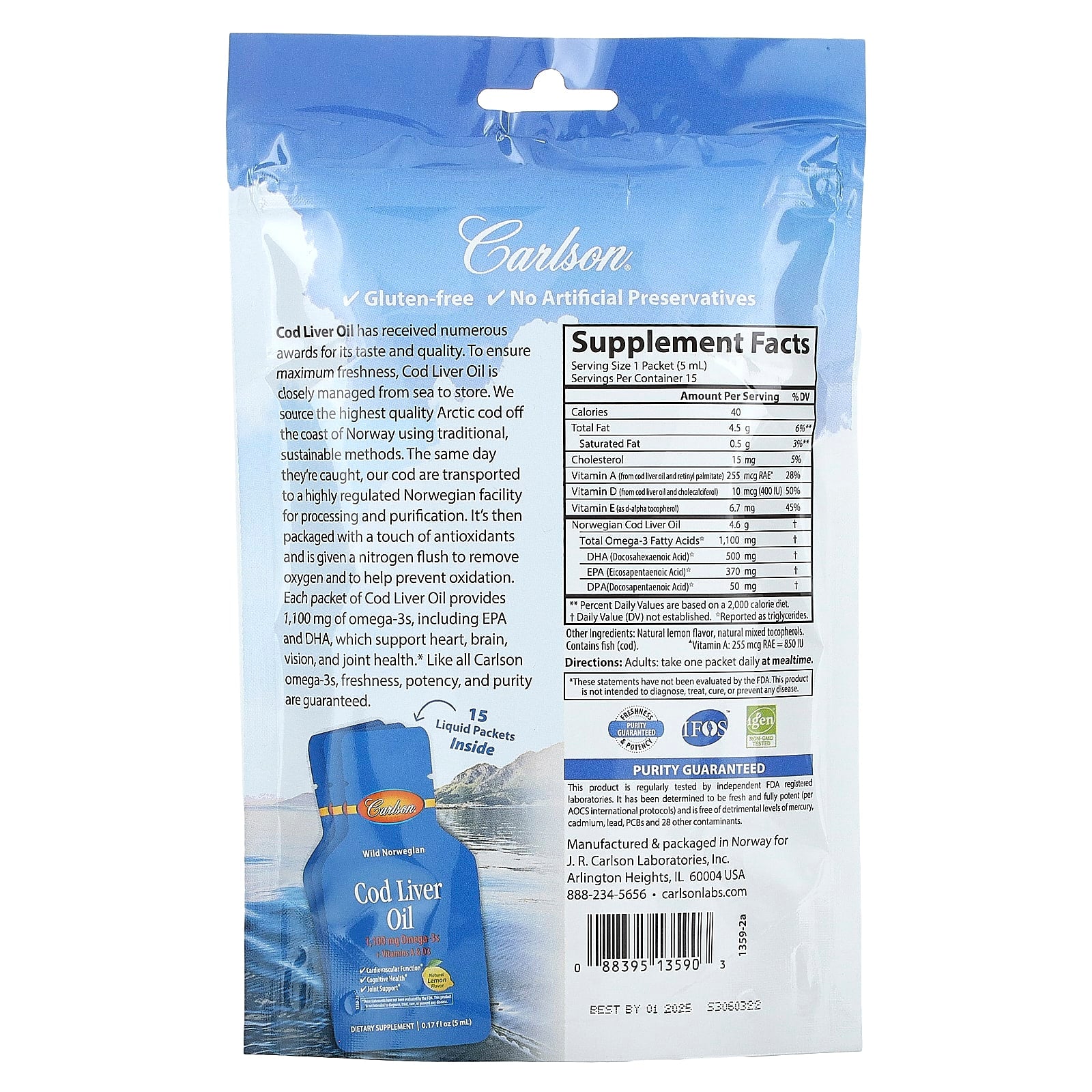 Norwegian Cod Liver Oil Liquid Packets by Carlson - Omega-3s & Vitamins A & D3 - Image 2