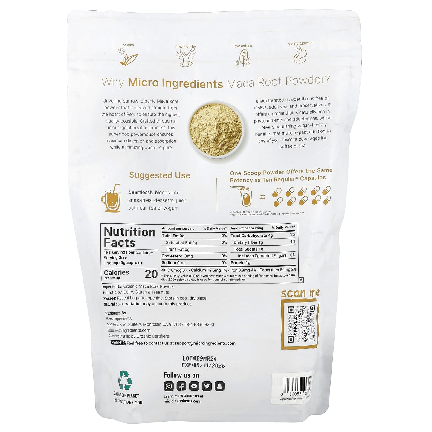 Micro Ingredients, Organic Maca Root Powder, 2 lb (907 g) - Image 2
