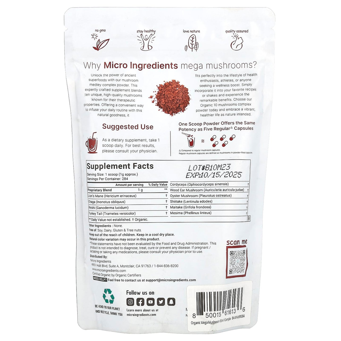 Micro Ingredients, Organic Mega Mushrooms Powder, 10 oz (284 g) - Image 2