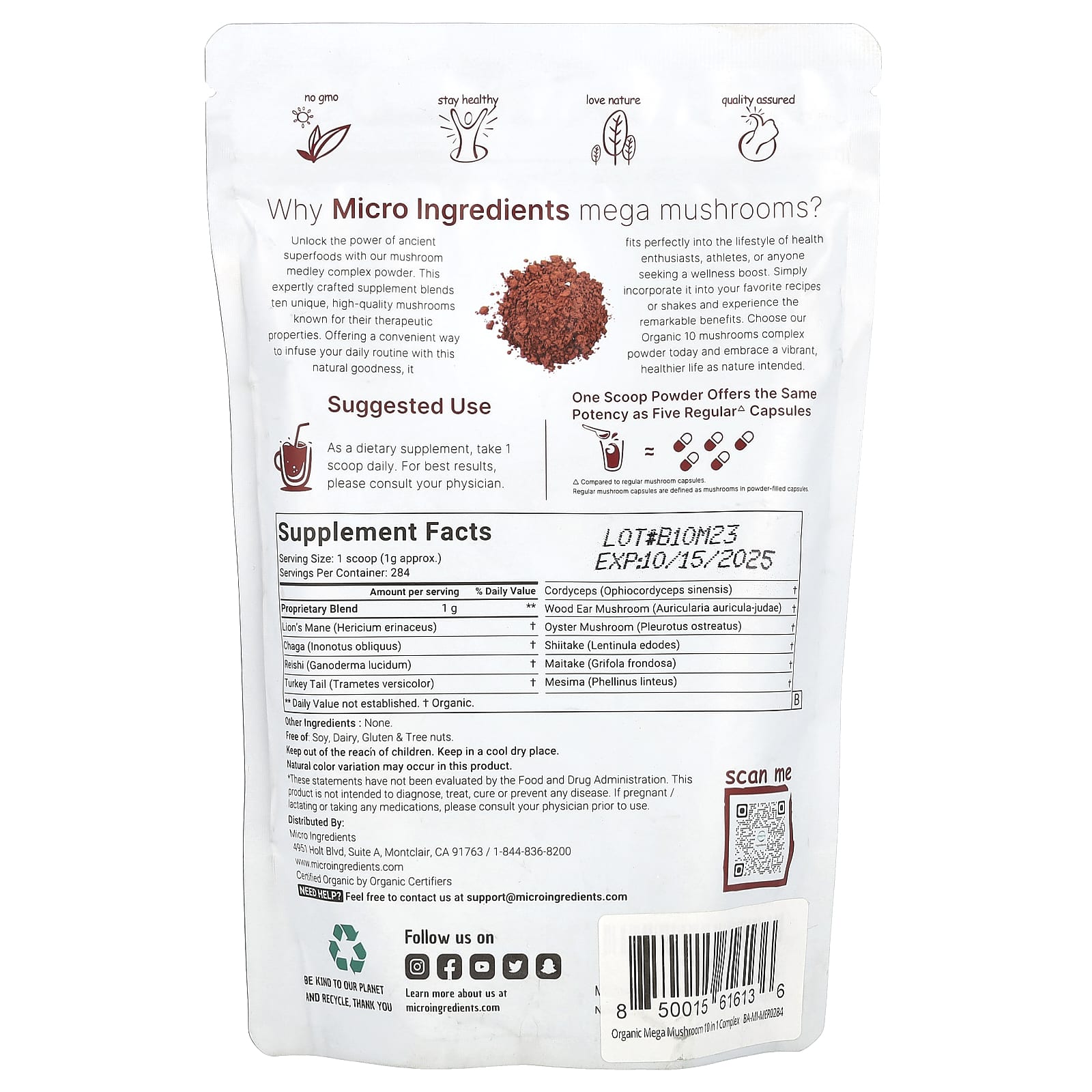 Micro Ingredients, Organic Mega Mushrooms Powder, 10 oz (284 g) - Image 2