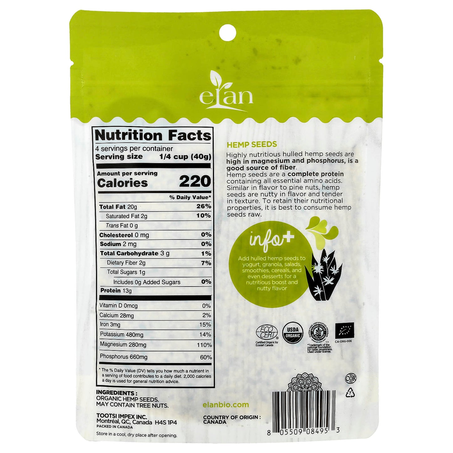 Nourishing Organic Hemp Seeds by Elan, 165g - Image 2