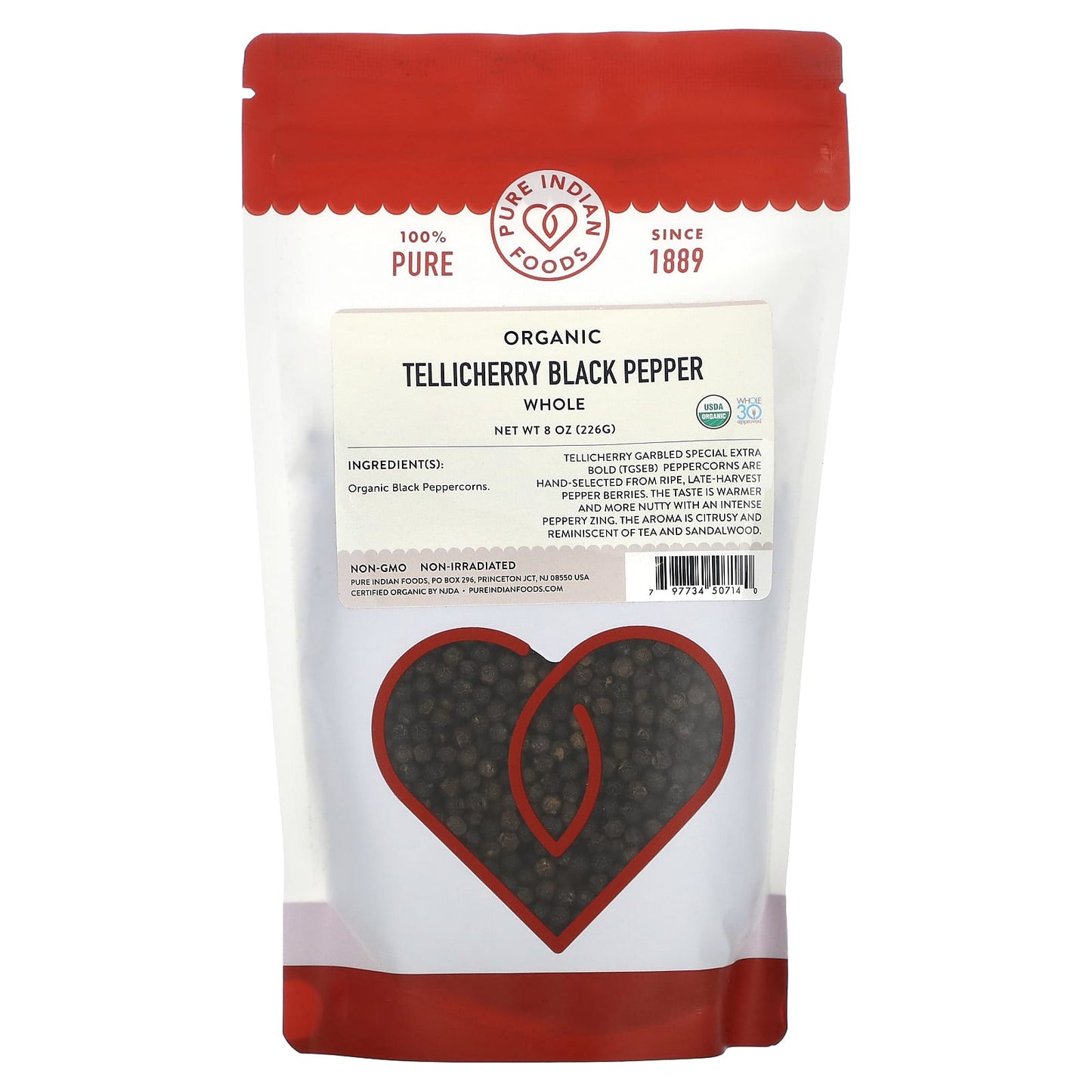 Pure Indian Foods, Organic Whole Tellicherry Black Pepper, 8 oz (226 g) - Image 1