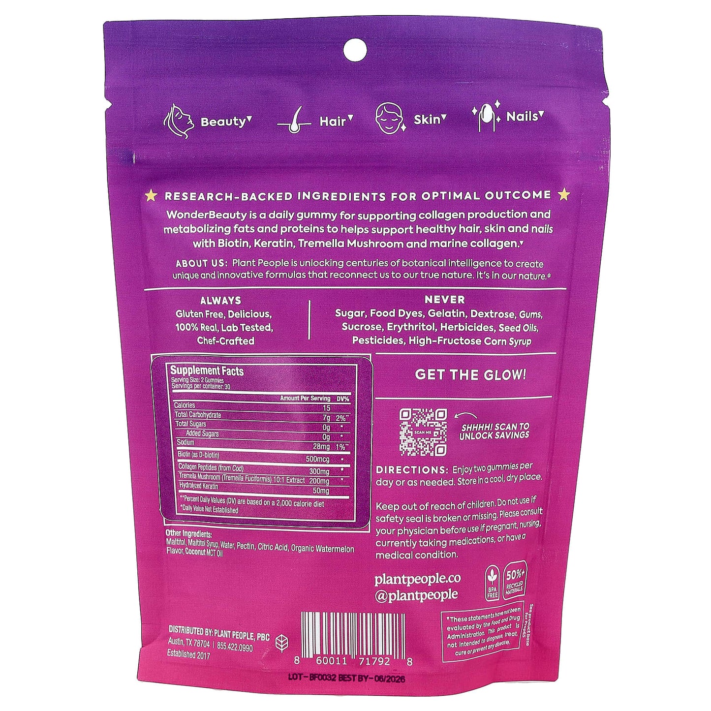 Plant People, WonderBeauty®, Hair, Skin & Nails Rejuvenation Gummies, Watermelon, 60 Gummies