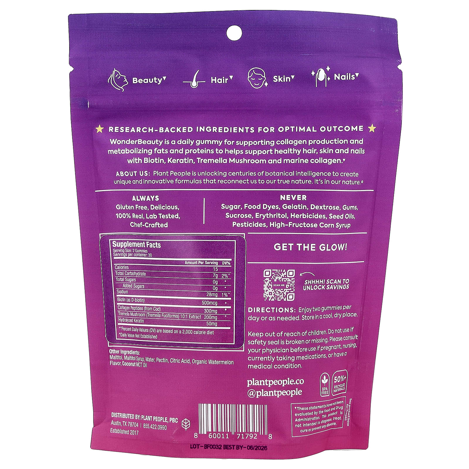 Plant People, WonderBeauty®, Hair, Skin & Nails Rejuvenation Gummies, Watermelon, 60 Gummies