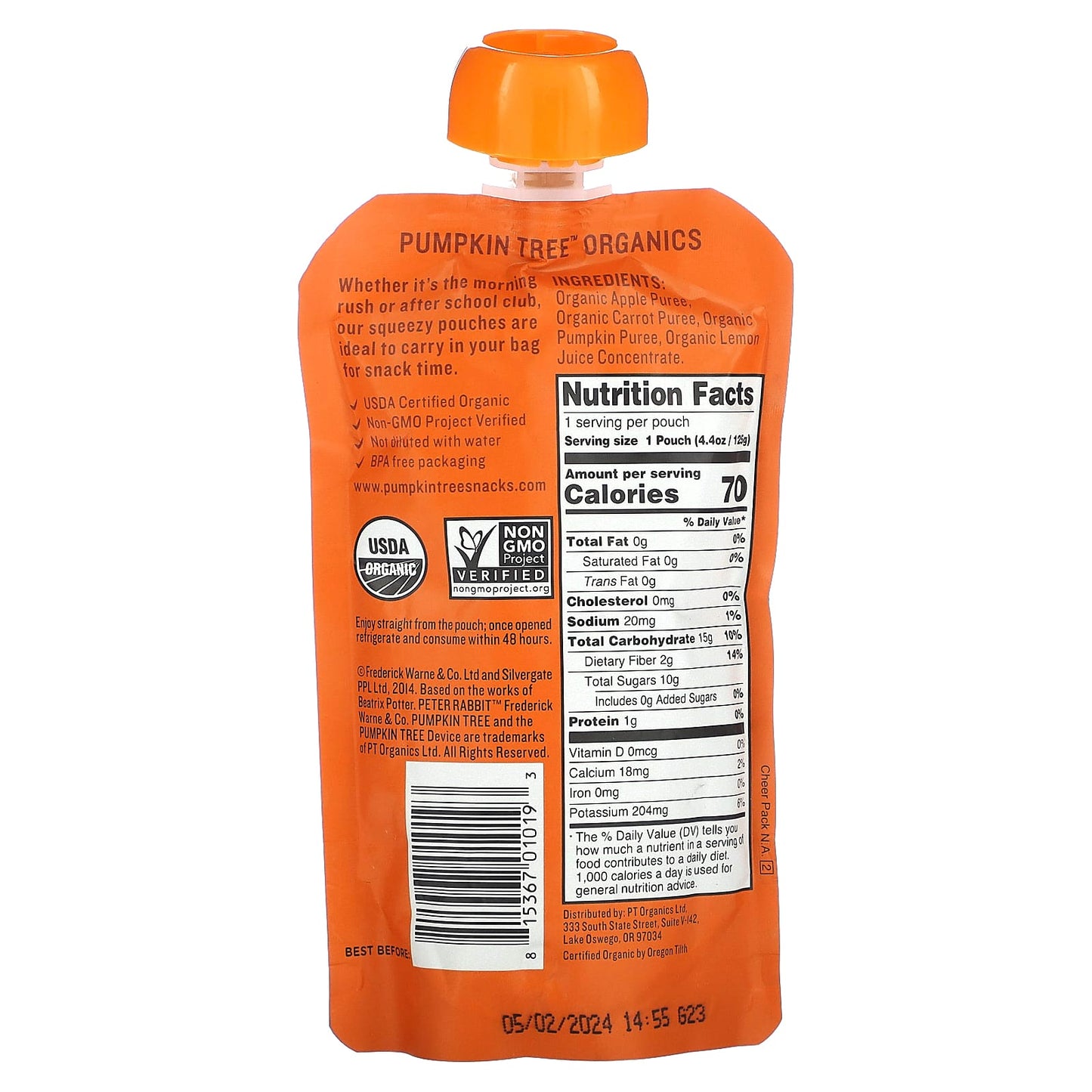 Pumpkin Tree Organics, Peter Rabbit Organics, Organic Fruit & Vegetable Puree, Apple, Carrot & Pumpkin, 4.4 oz (125 g) - Image 2