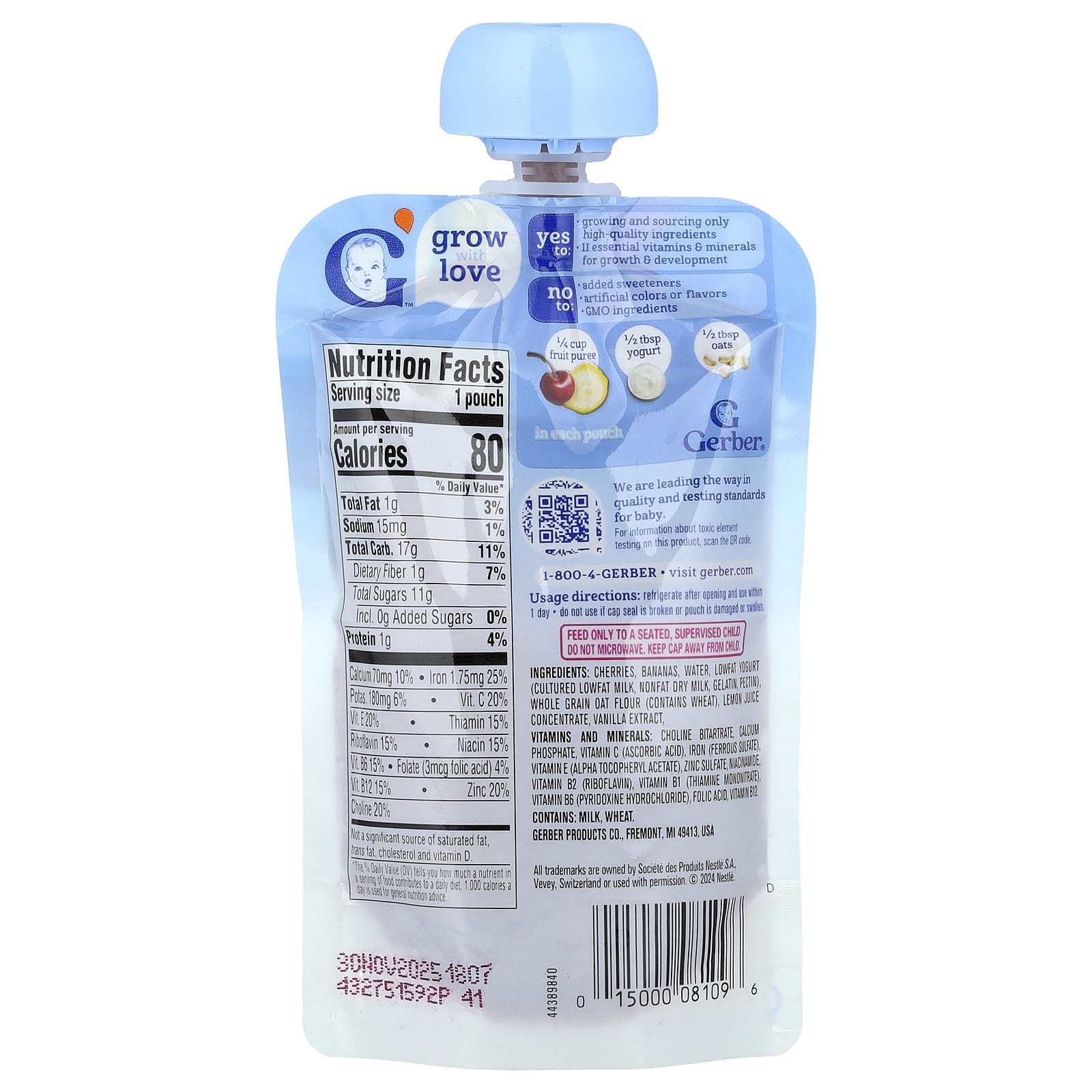 Gerber Cherry Banana Vanilla Puree, Yogurt & Whole Grains, 12+ Months, 3.5 oz - Image 2