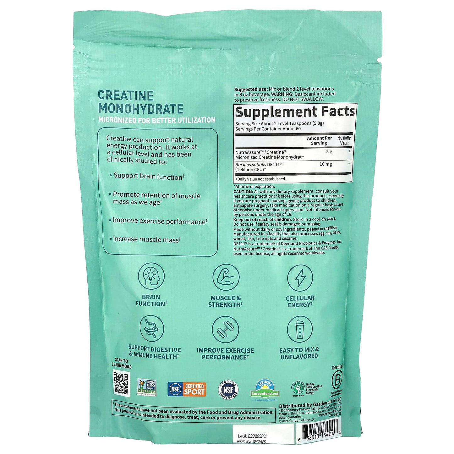 Garden of Life Sport Creatine Monohydrate + Probiotics, 12.27 oz, Unflavored - Image 2