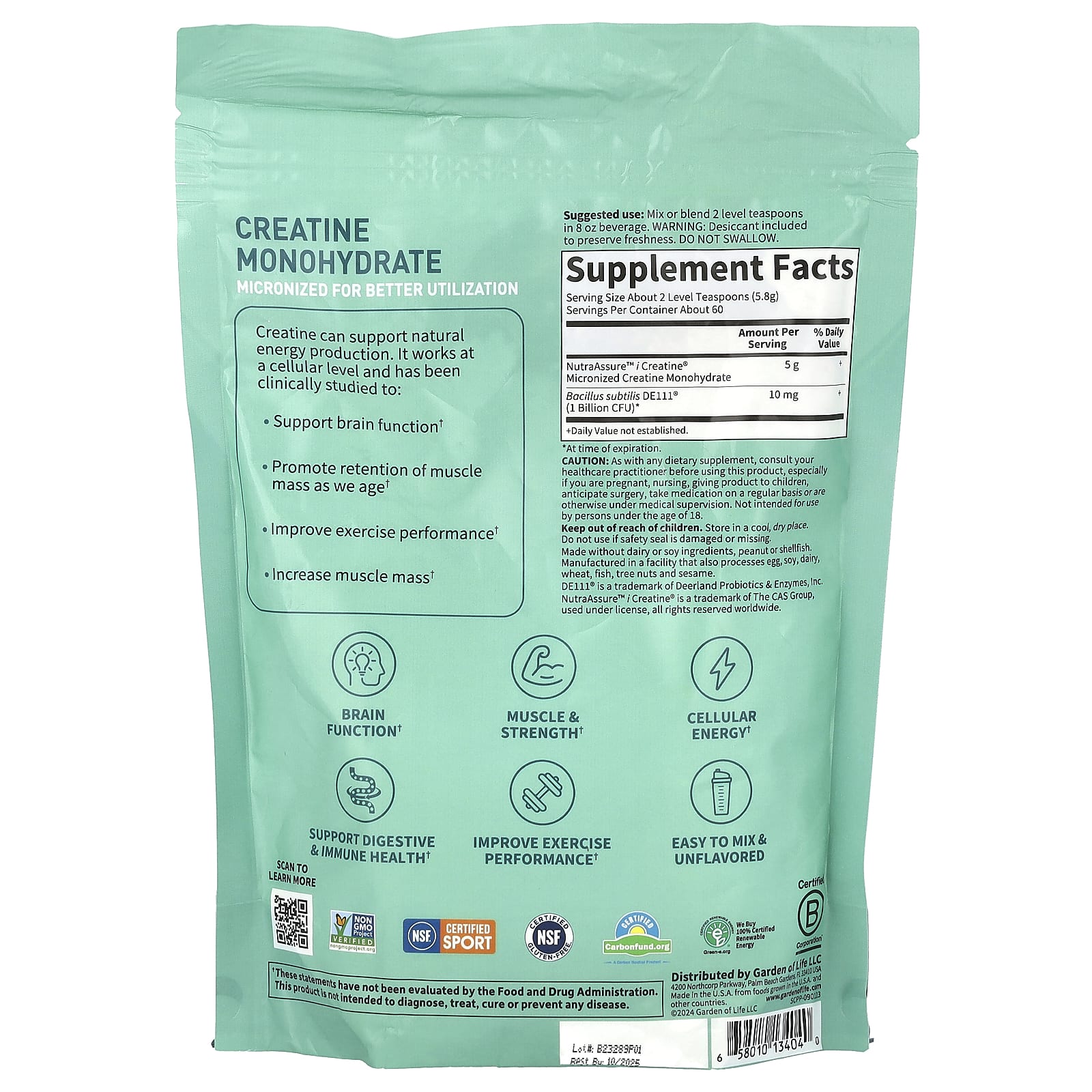 Garden of Life Sport Creatine Monohydrate + Probiotics, 12.27 oz, Unflavored - Image 2