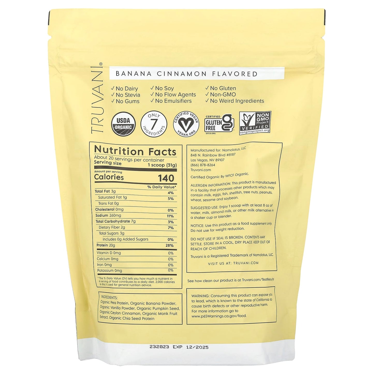 Truvani, Plant Based Protein, Banana Cinnamon, 1.39 lbs (629 g) - Image 2