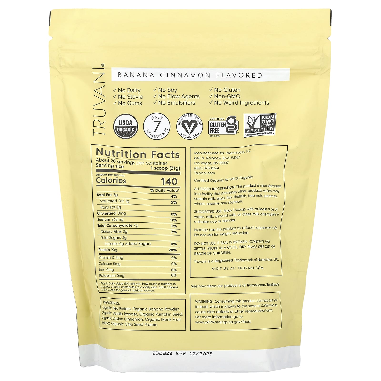 Truvani, Plant Based Protein, Banana Cinnamon, 1.39 lbs (629 g) - Image 2