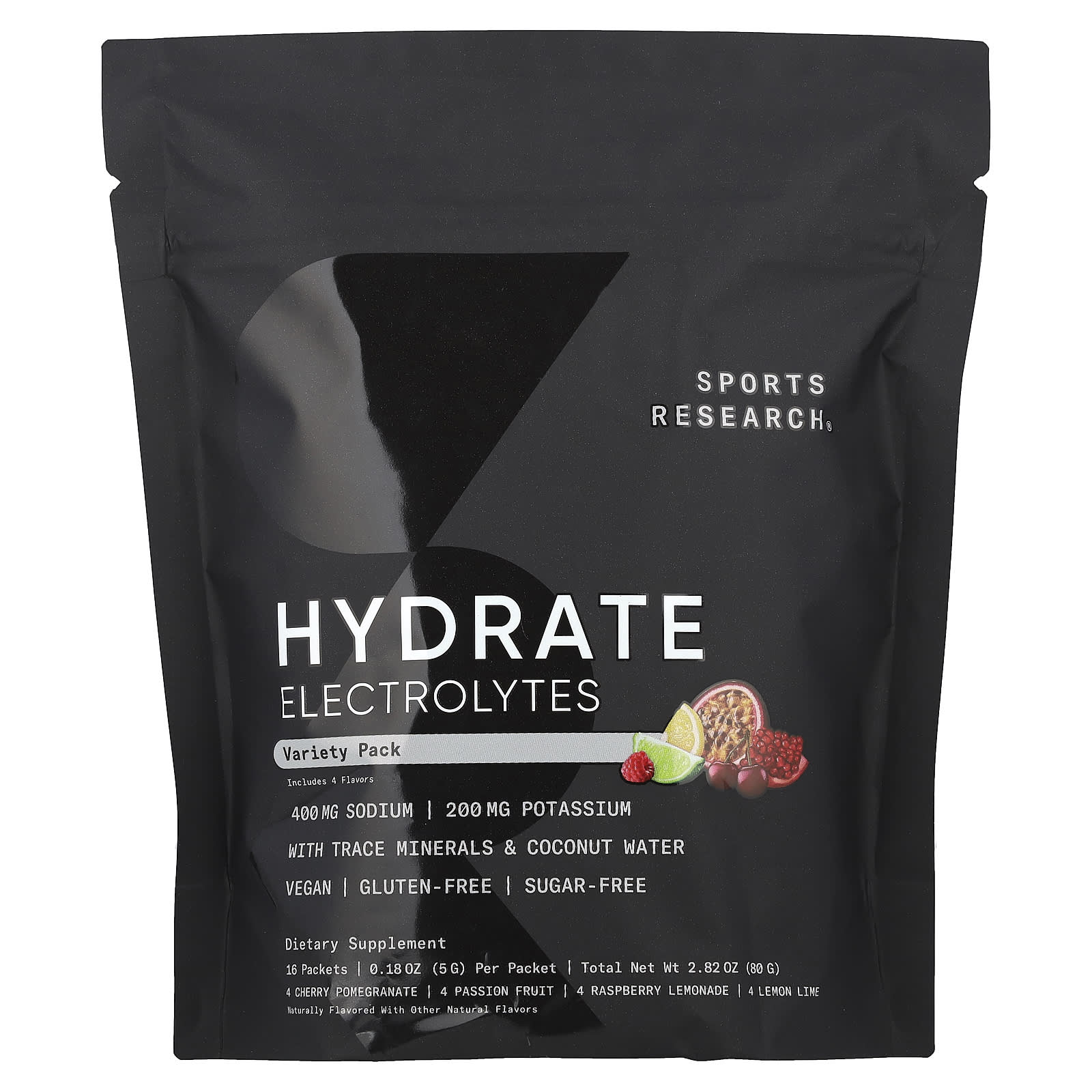 Sports Research, Hydrate Electrolytes, Variety Pack, 16 Packets, 0.18 oz (5 g) Each - Image 1