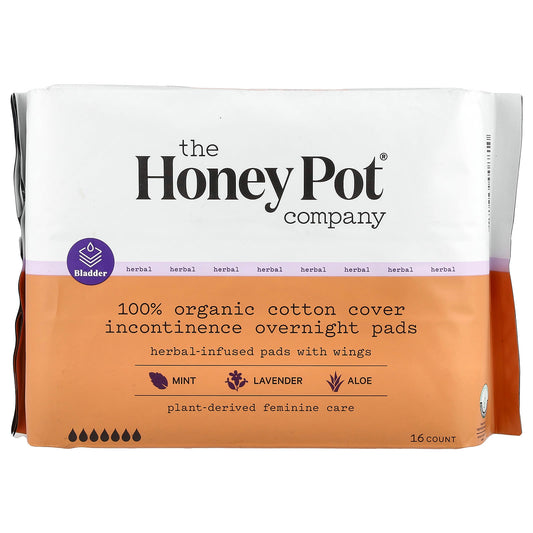 The Honey Pot Company, 100% Organic Cotton Cover, Herbal-Infused Pads With Wings, Incontinence Overnight, 16 Count - Image 1