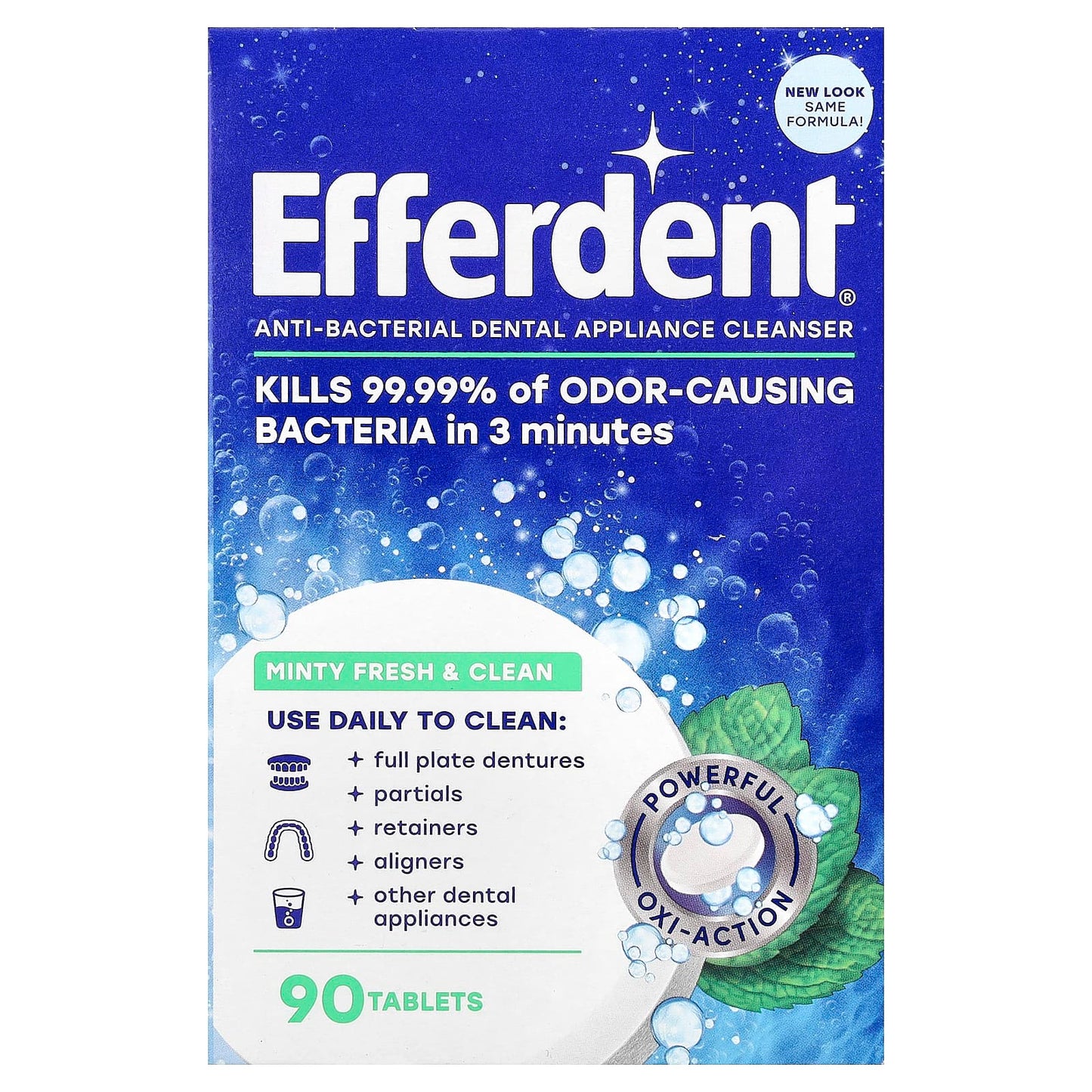 Efferdent Anti-Bacterial Dental Appliance Cleanser 90 Tablets Minty Fresh - Image 1