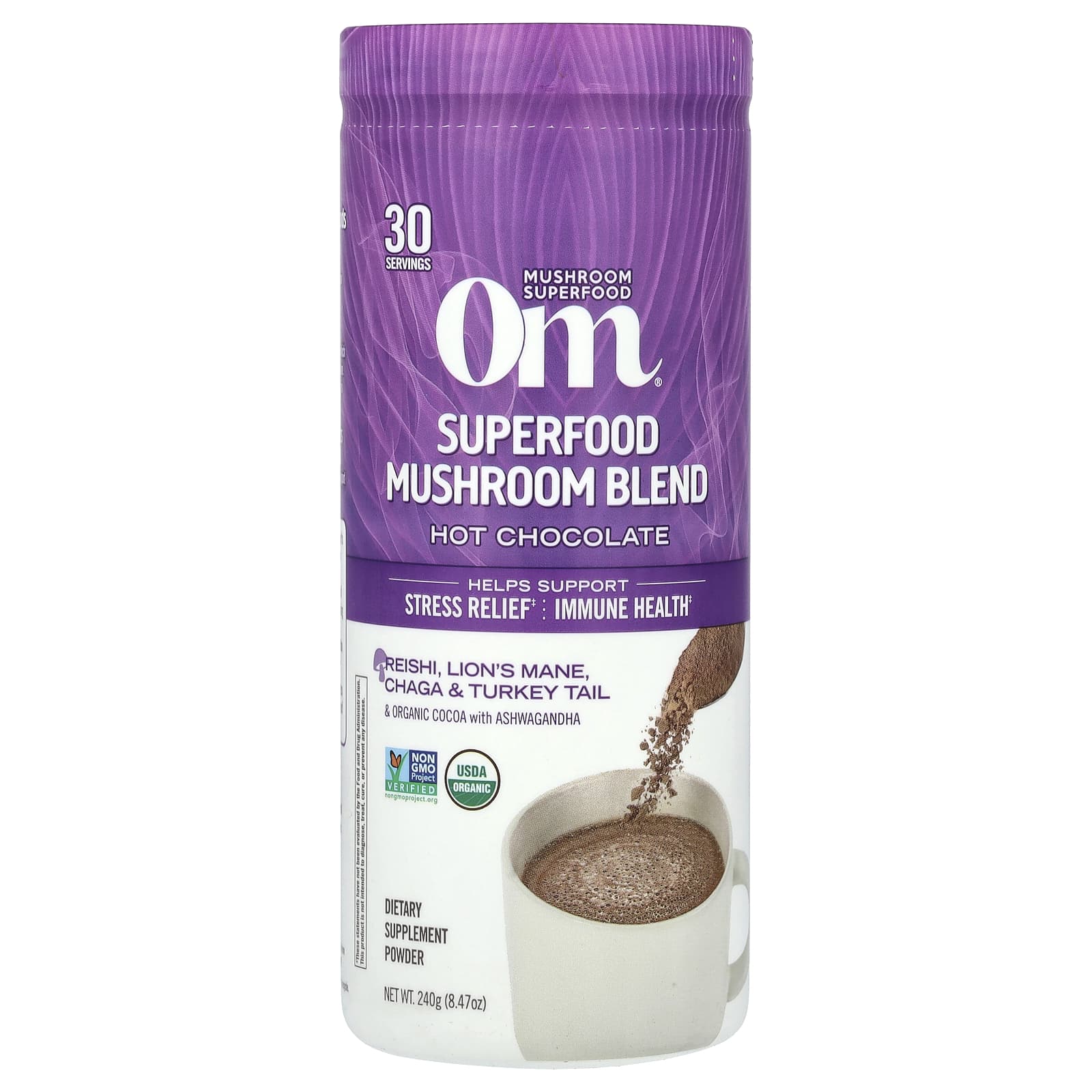 Om Mushrooms, Superfood Mushroom Blend, Hot Chocolate, 8.47 oz (240 g) - Image 1