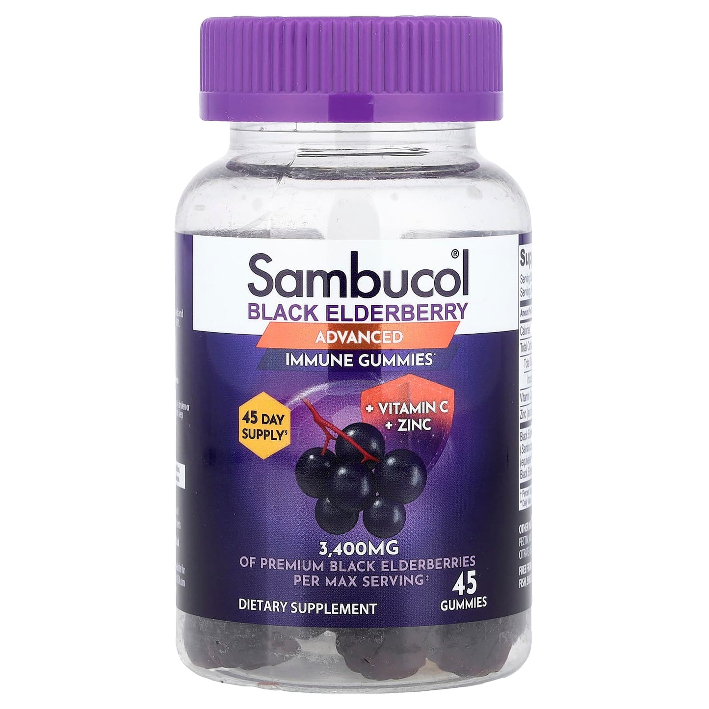 Sambucol, Black Elderberry, Advanced Immune Gummies + Vitamin C + Zinc, 45 Gummies - Image 1