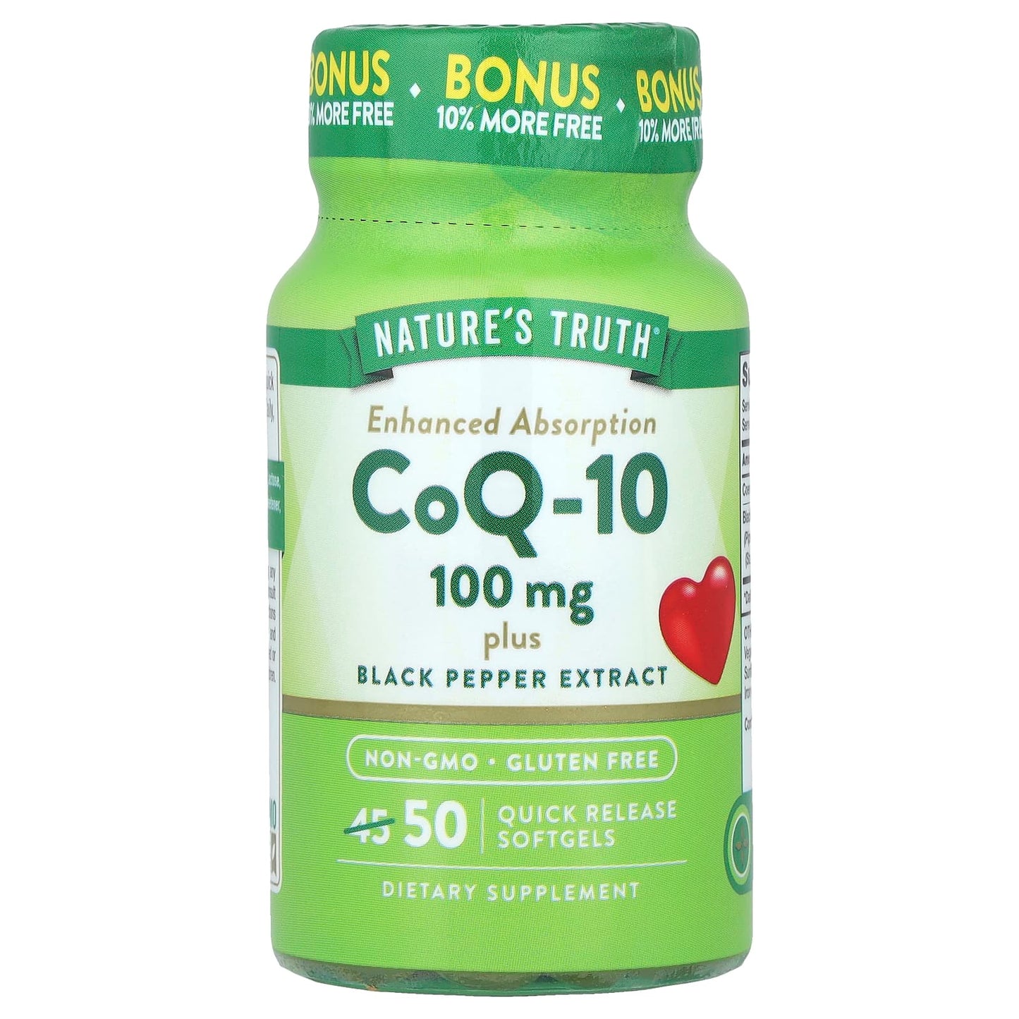 Nature's Truth, CoQ-10 Plus Black Pepper Extract, Enhanced Absorption, 100 mg, 50 Quick Release Softgels - Image 1