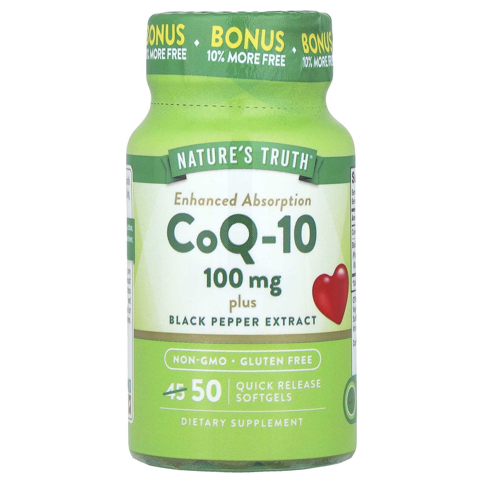 Nature's Truth, CoQ-10 Plus Black Pepper Extract, Enhanced Absorption, 100 mg, 50 Quick Release Softgels - Image 1