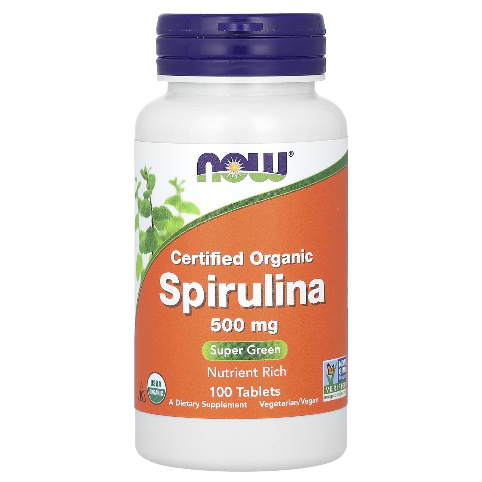 NOW Foods, Certified Organic Spirulina, 500 mg, 100 Tablets - Image 1