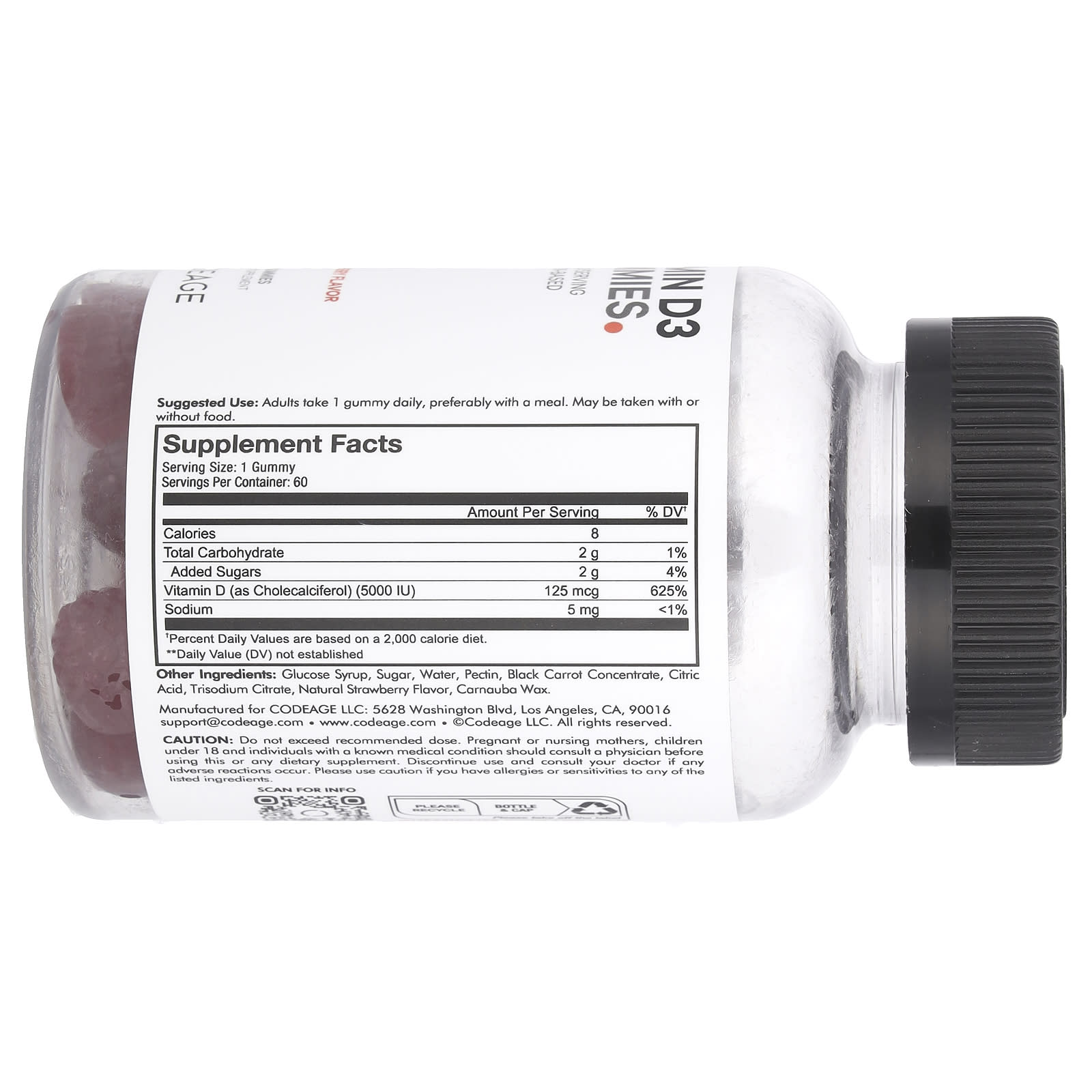 Codeage, Vitamin D3 Gummies, Strawberry, 5,000 IU, 60 Gummies