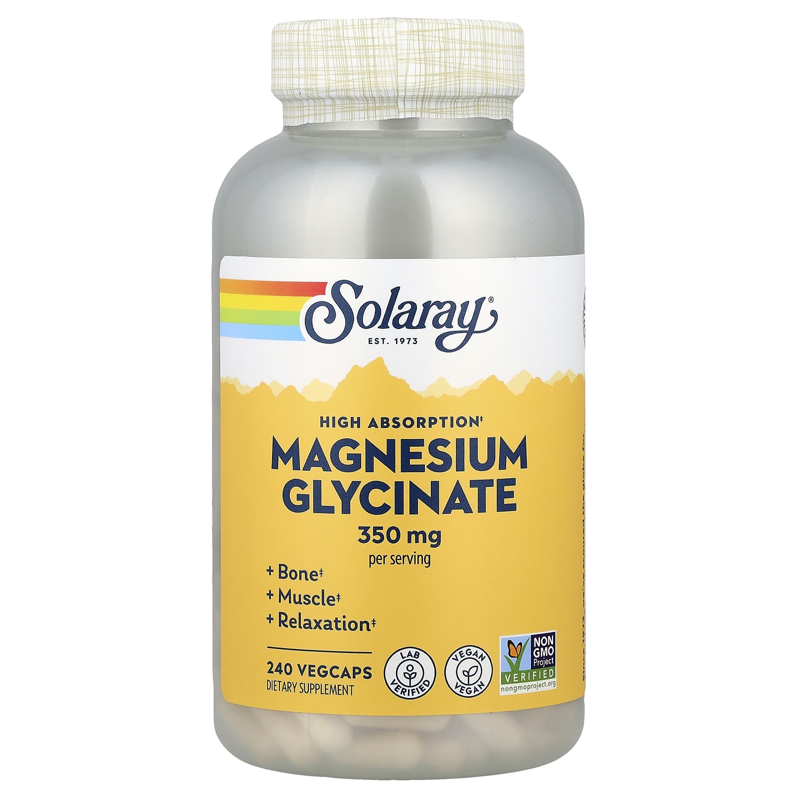 Solaray, Magnesium Glycinate, High Absorption , 350 mg, 240 VegCaps (87.5 mg per Cap) - Image 1