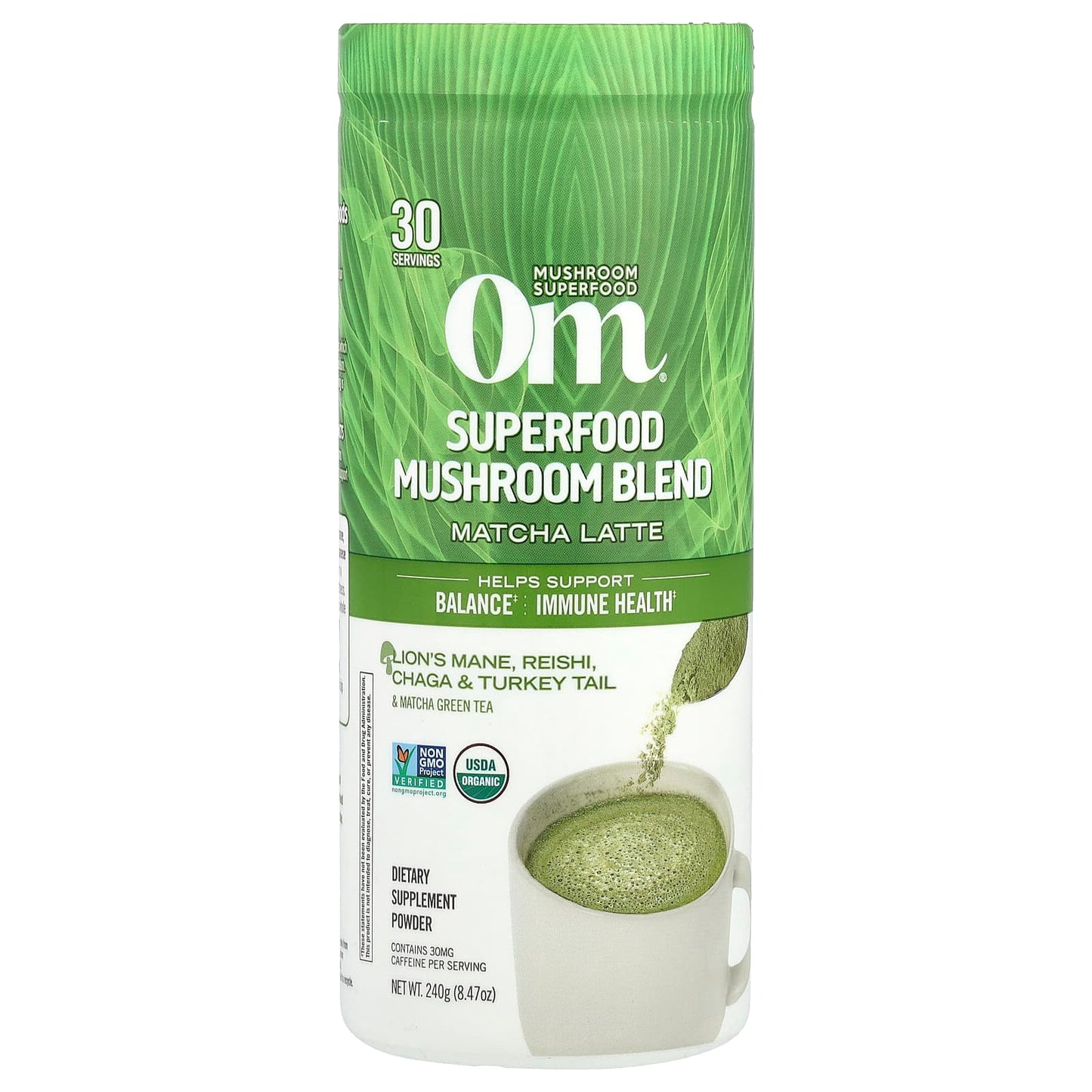 Om Mushrooms, Superfood Mushroom Blend, Matcha Latte , 8.47 oz (240 g) - Image 1