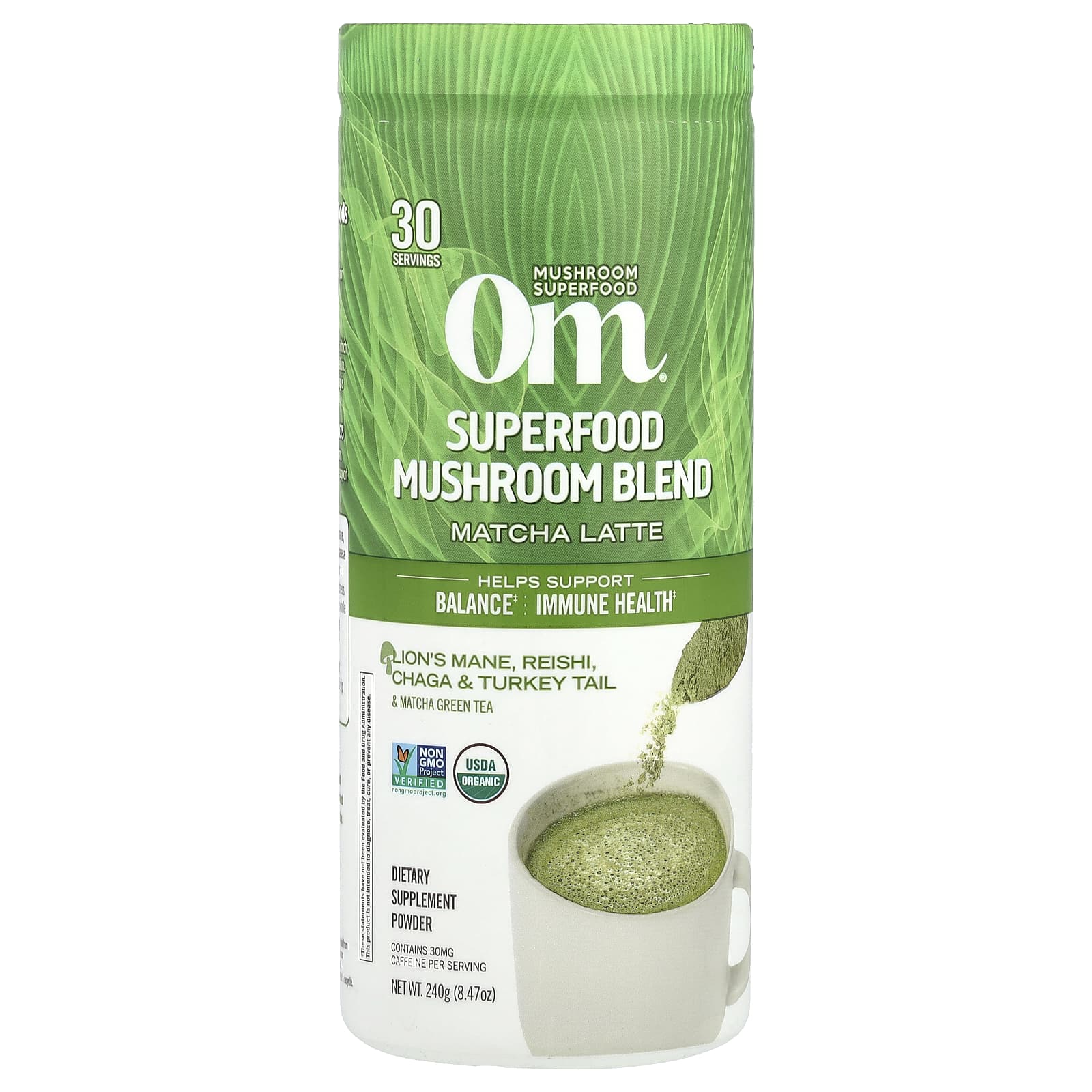 Om Mushrooms, Superfood Mushroom Blend, Matcha Latte , 8.47 oz (240 g) - Image 1