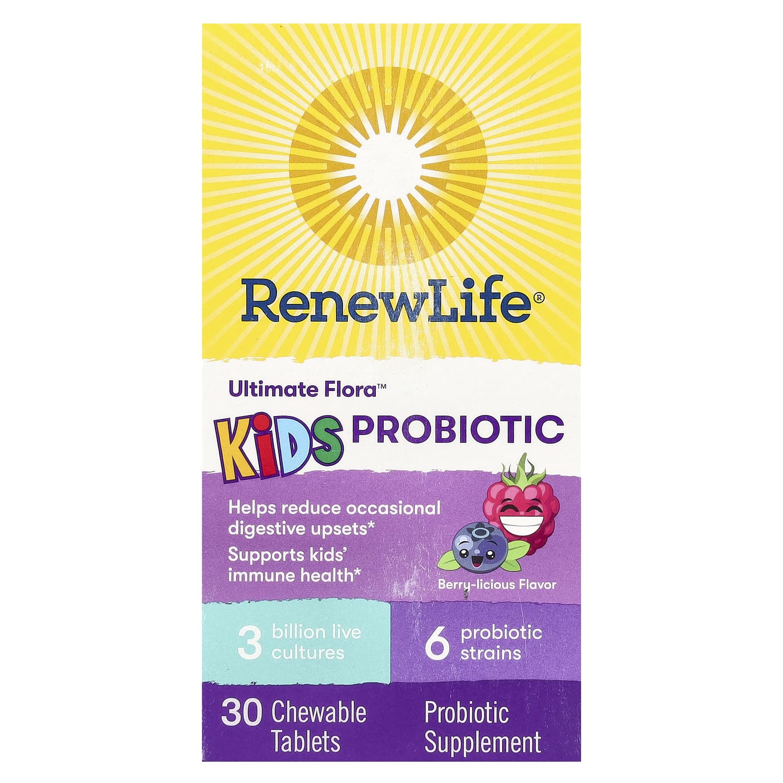 Renew Life, Ultimate Flora, Kids Probiotic, Berry-licious, 3 Billion Live Cultures, 30 Chewable Tablets - Image 1