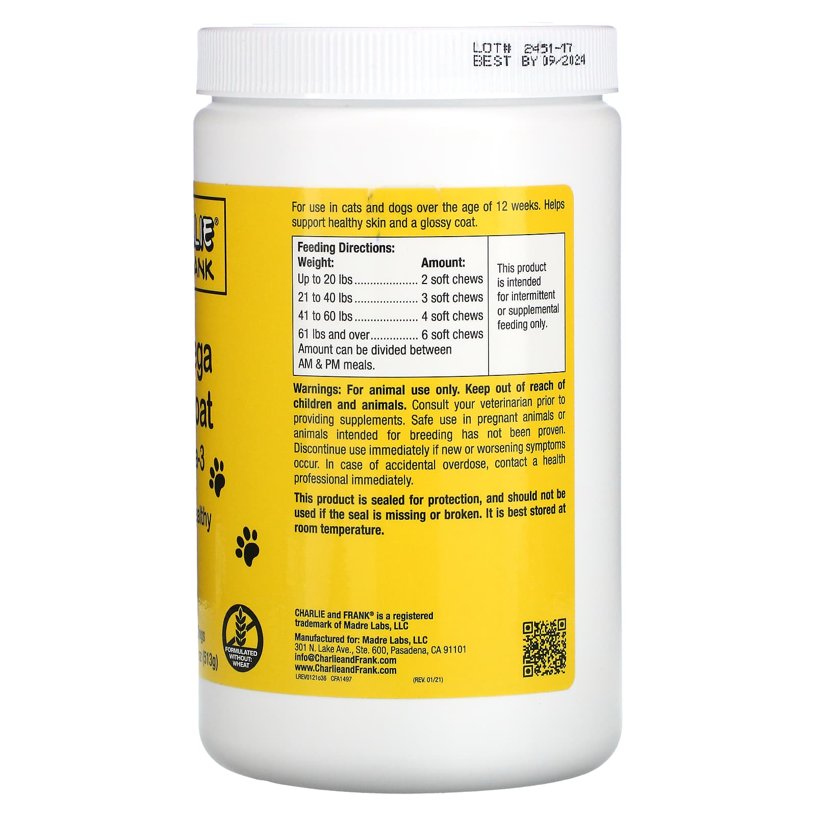 Charlie and Frank, Pet Omega Skin & Coat with Omega-3, For Cats & Dogs, 180 Soft Chews, 18 oz (513 g)