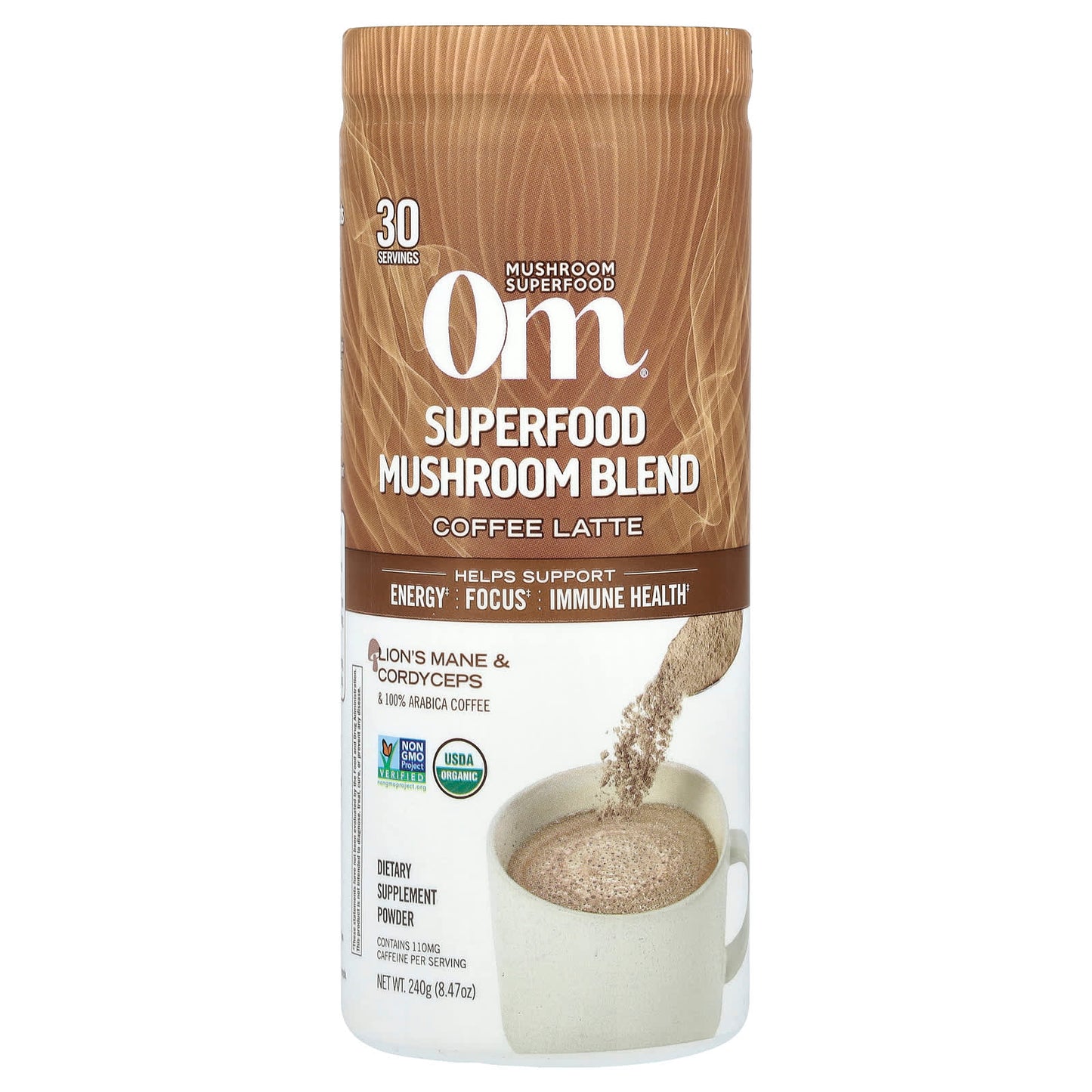 Om Mushrooms, Superfood Mushroom Blend, Coffee Latte, 8.47 oz (240 g) - Image 1