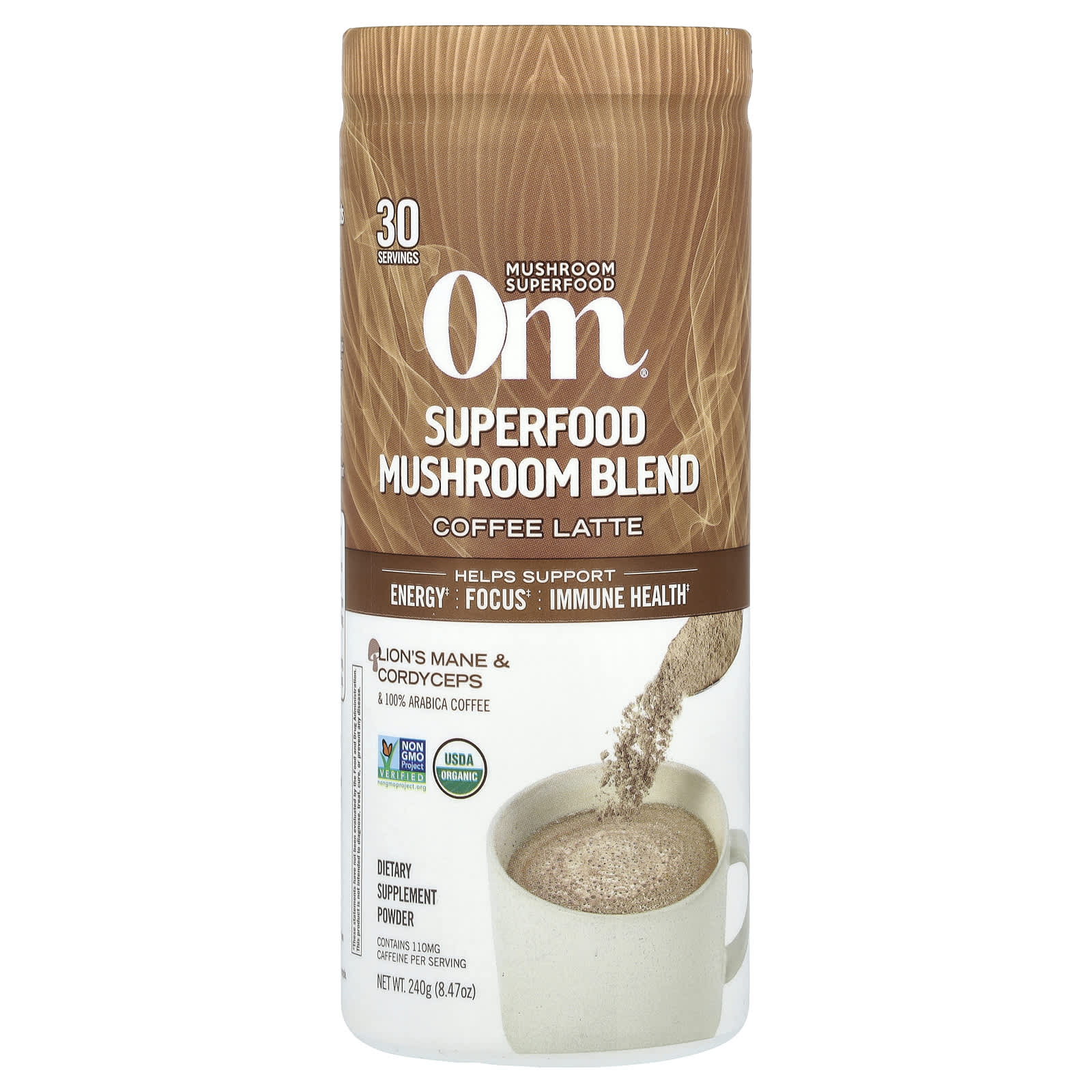 Om Mushrooms, Superfood Mushroom Blend, Coffee Latte, 8.47 oz (240 g) - Image 1