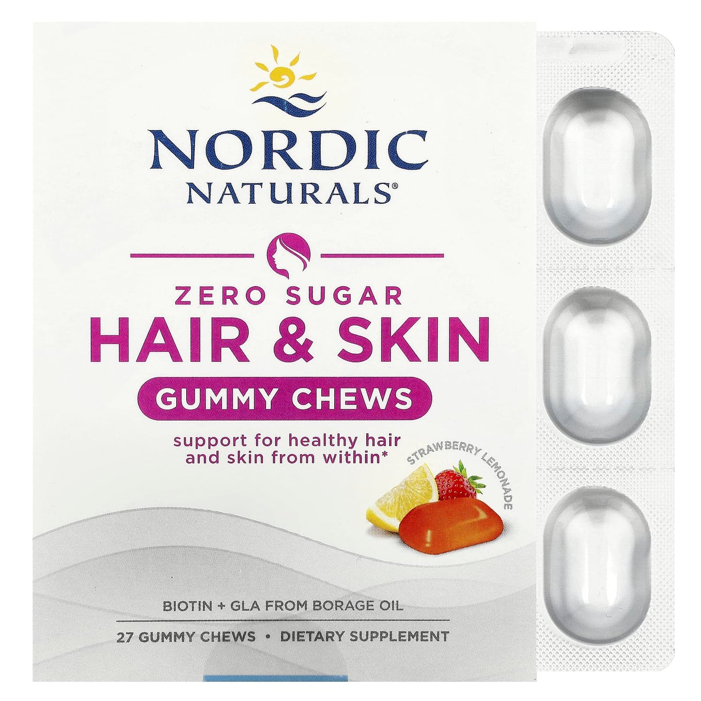 Nordic Naturals, Zero Sugar Hair & Skin Gummy Chews, Strawberry Lemonade, 27 Gummy Chews - Image 1