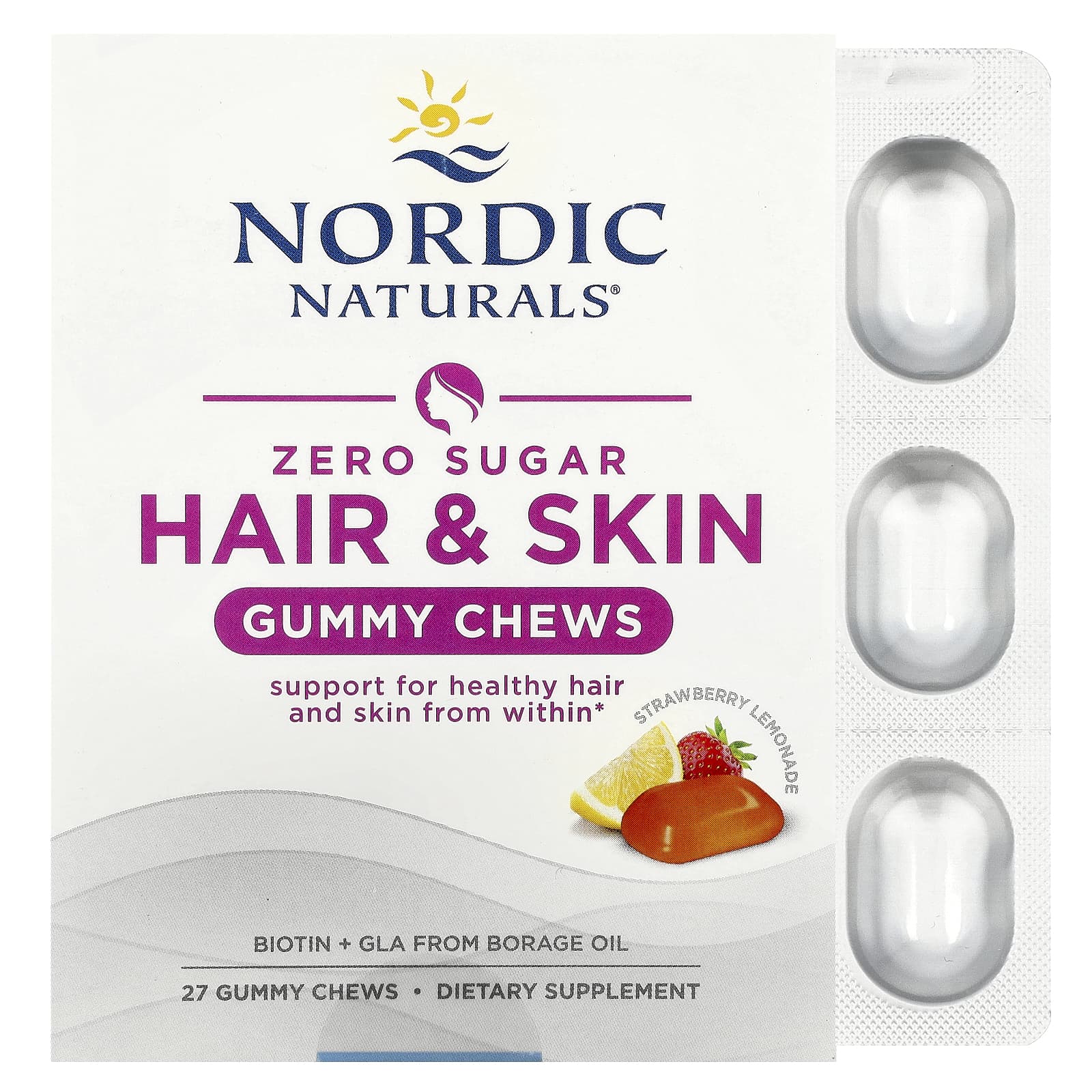 Nordic Naturals, Zero Sugar Hair & Skin Gummy Chews, Strawberry Lemonade, 27 Gummy Chews - Image 1