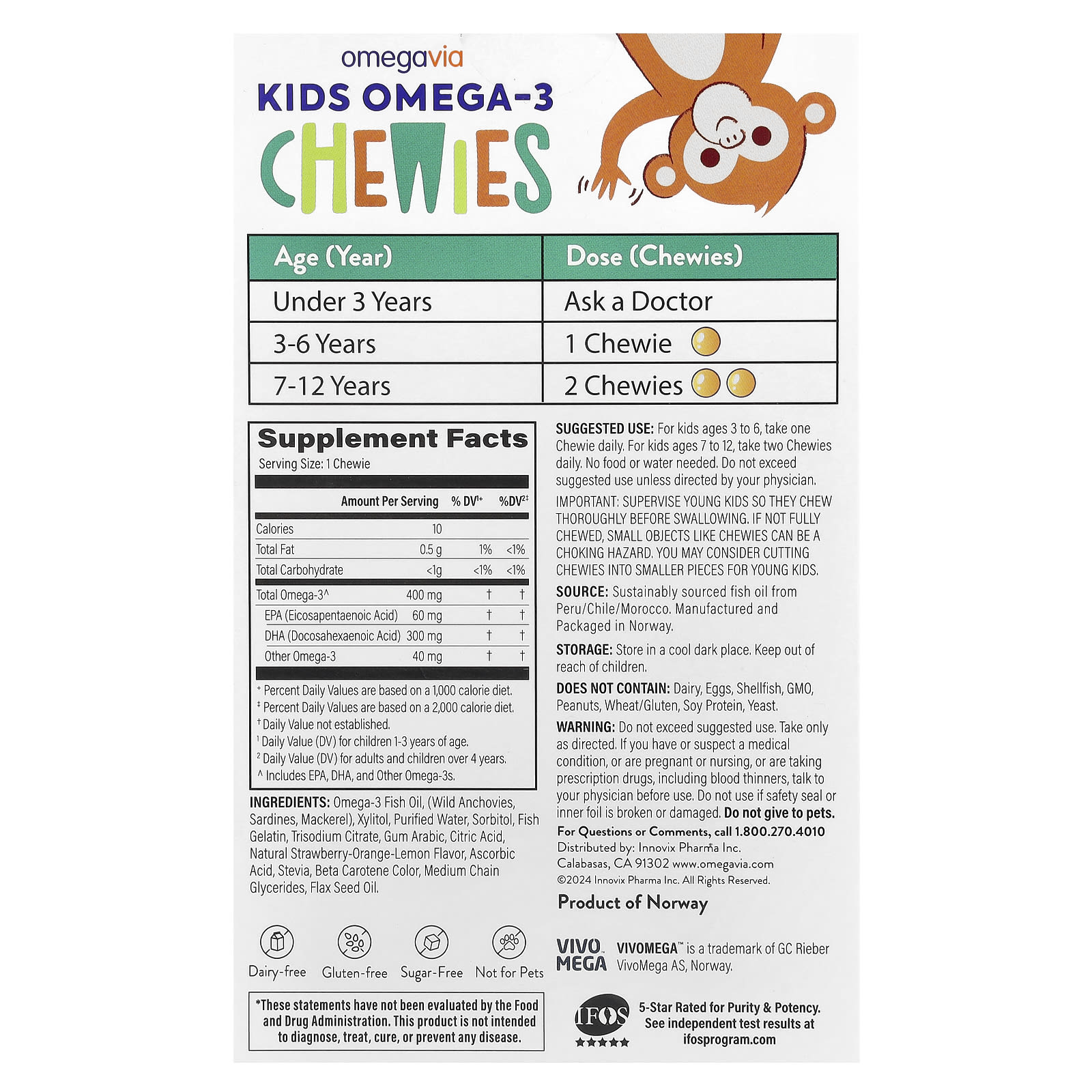 OmegaVia, Kids Omega-3 Chewies, Age 3+, Natural Fruit, 30 Chewies
