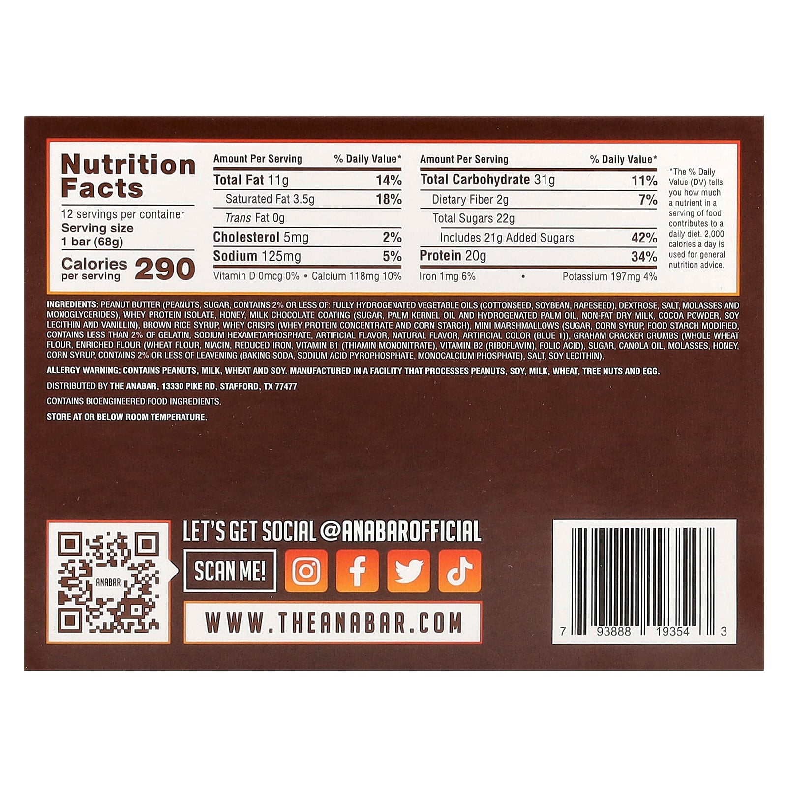 The Anabar, The Protein-Packed Candy Bar®, Milk Chocolate Campfire S'Mores, 12 Bars, 2.39 oz (68 g) Each