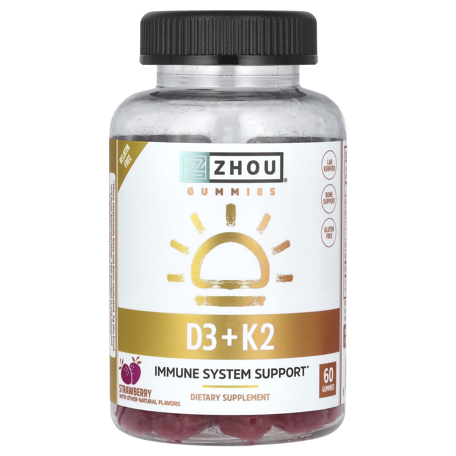 Zhou Nutrition, D3 + K2 Gummies, Strawberry, 60 Gummies - Image 1