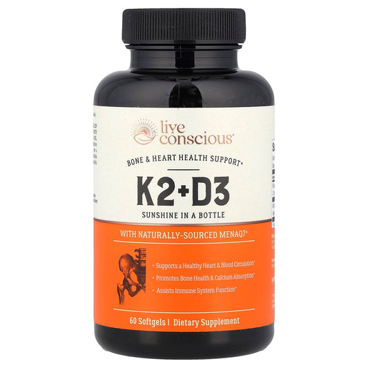 Live Conscious, K2+D3, 60 Softgels - Image 1