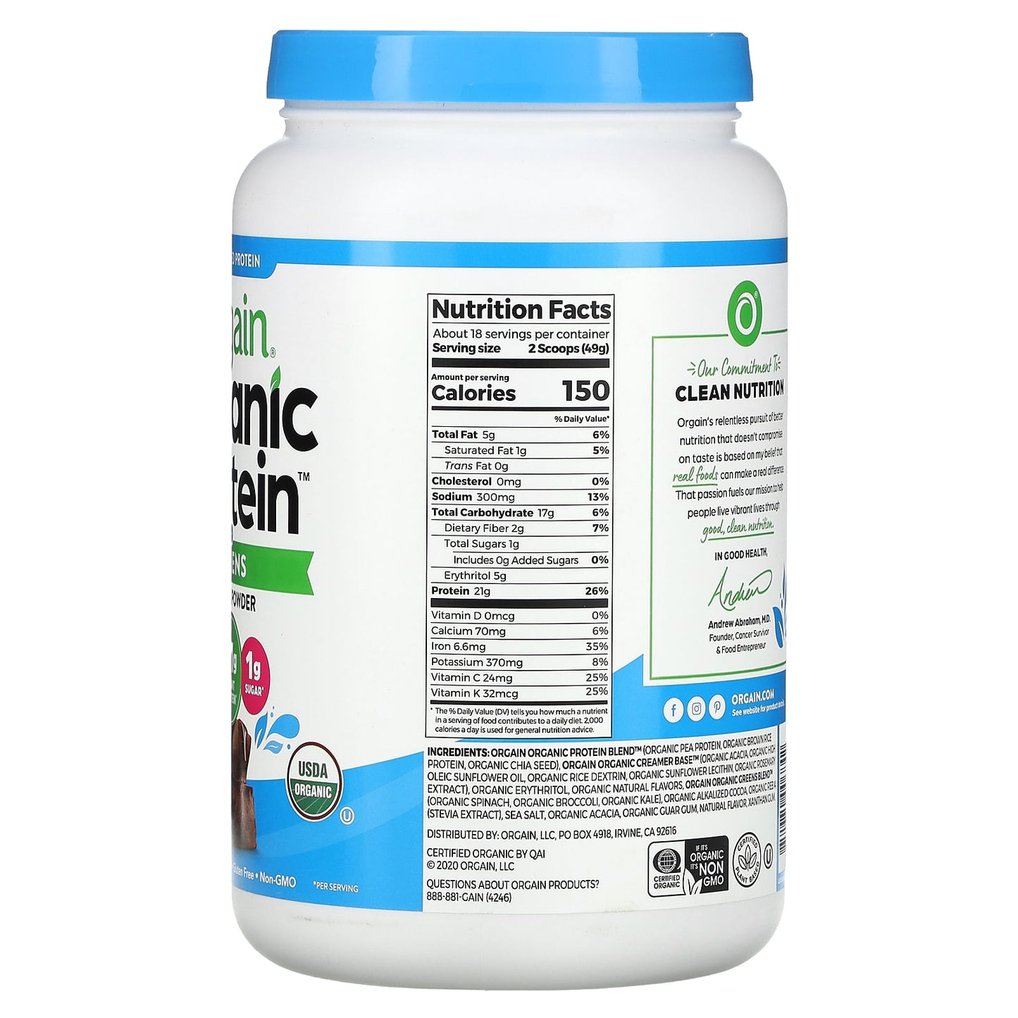 Orgain, Organic Protein + Greens, Plant Based Protein Powder, Creamy Chocolate Fudge, 1.94 lbs (882 g) - Image 2